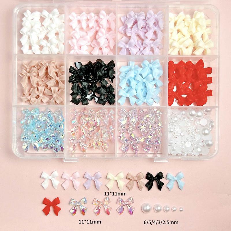 1 Box Classic Ribbon Bow Resin Nail Charms 3D Colorful Gradient Bowknots Semi-circular Pearl Decorations DIY Phone Case Hairpin Nails Nail Extension Diy