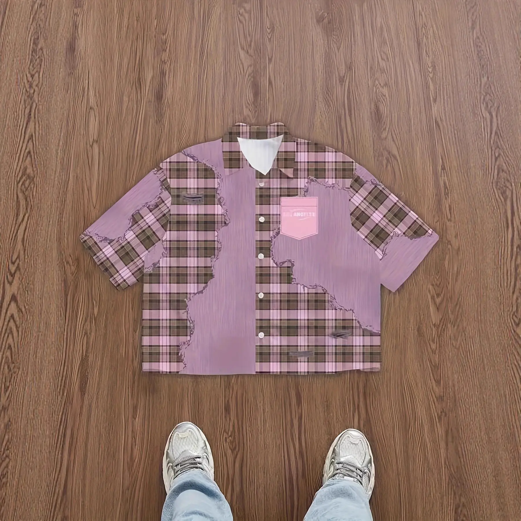 New men's patchwork plaid short-sleeved shirt, a trendy and casual, breathable top