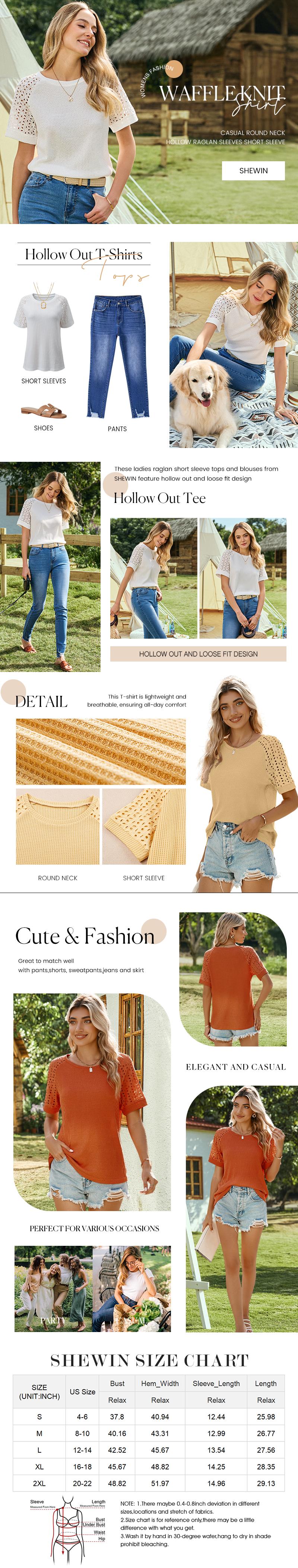 Shewin Women's Waffle Knit Tops Casual Crew Neck Hollow Out Eyelet Raglan Short Sleeve Summer Clothes T-Shirts Blouses S-XXL Plus Size Lightweight Breathable Fabric Fit Knitwear