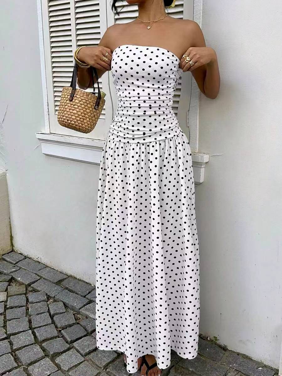 Women's Polka Dot Empire Waist Crop Top Sleeveless Dress, Vacation Style, Long Sunflower Skirt, Elegant Casual Summer, Bohemian Summer Dress, Boho Summer, Boho Fashion