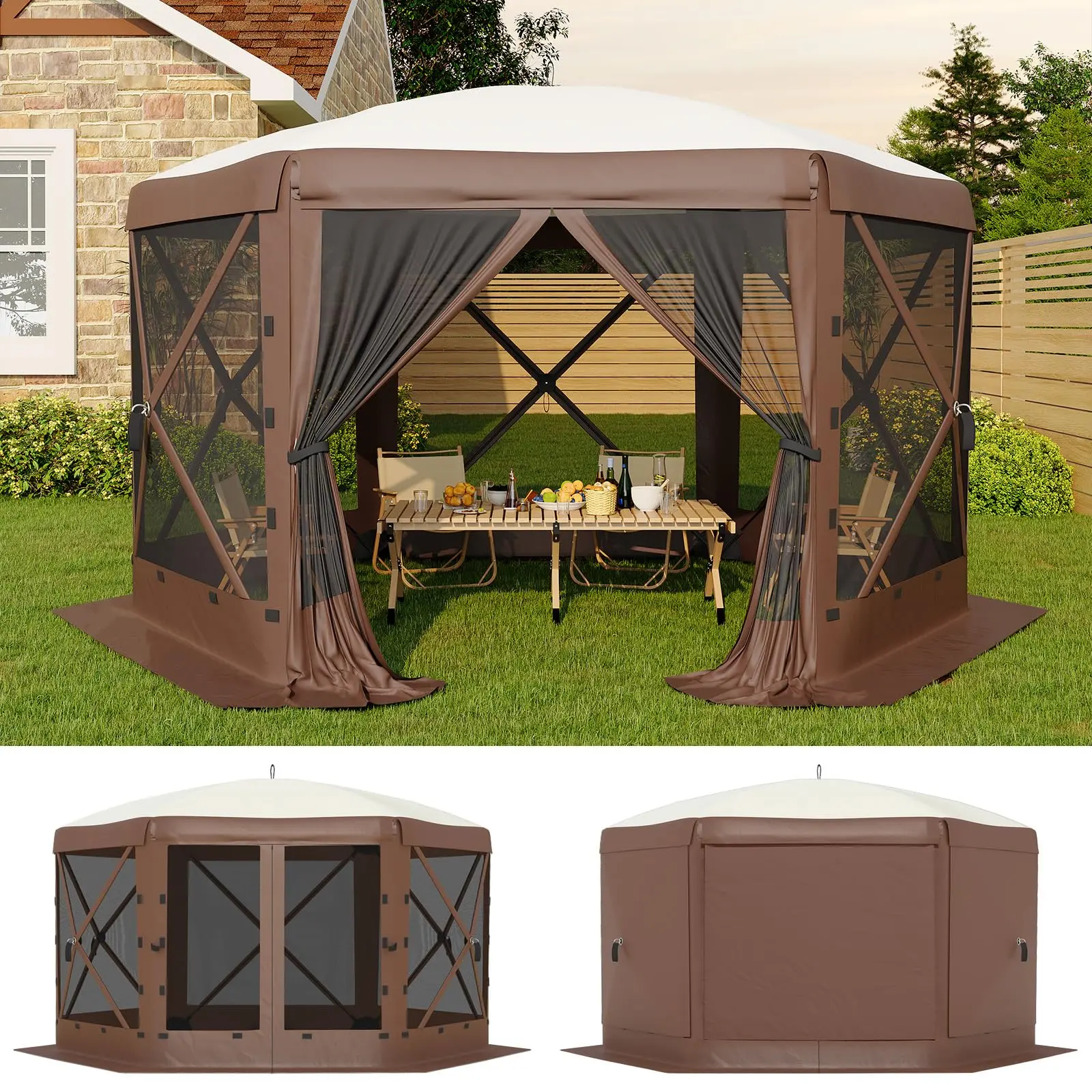 Easy Pop-Up Outdoor Canopy Tent - 13x13FT 6-Sided Gazebo with Removable Wind Cloths, Mosquito Netting, Quick Setup, Ideal for Backyard, Camping & Parties - Beige & Khaki