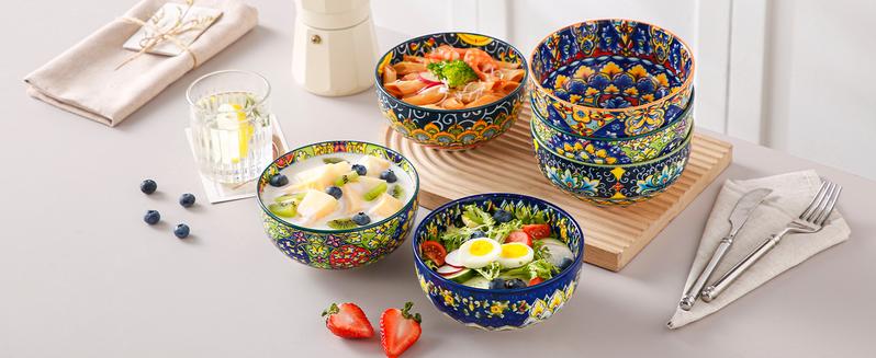 vancasso Cereal Bowls Set of 6, Bohemian Ceramic Soup Bowls, 28 oz Colorful Bowls Set for Kitchen, Dishwasher & Microwave Safe for Salad, Pasta, Rice, Oatmeal, Fruit Tableware