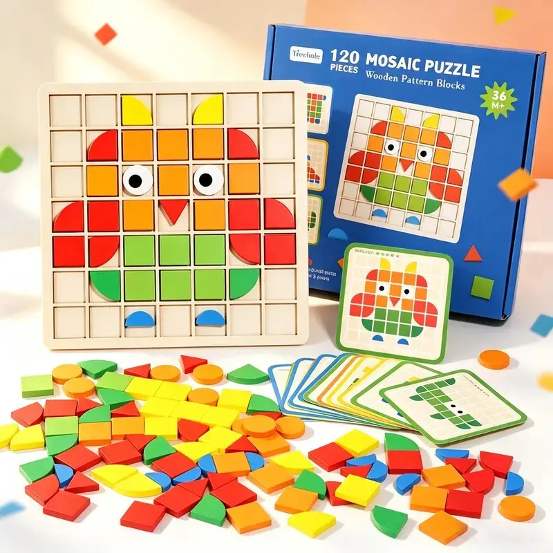 120PCS Wooden Mosaic Puzzle Game - Montessori Beginner Puzzle, Multicolor Geometric Shape Blocks Set with Design Cards, Ages 4+ Preschool Educational Toy, Kids’ Cool Gifts