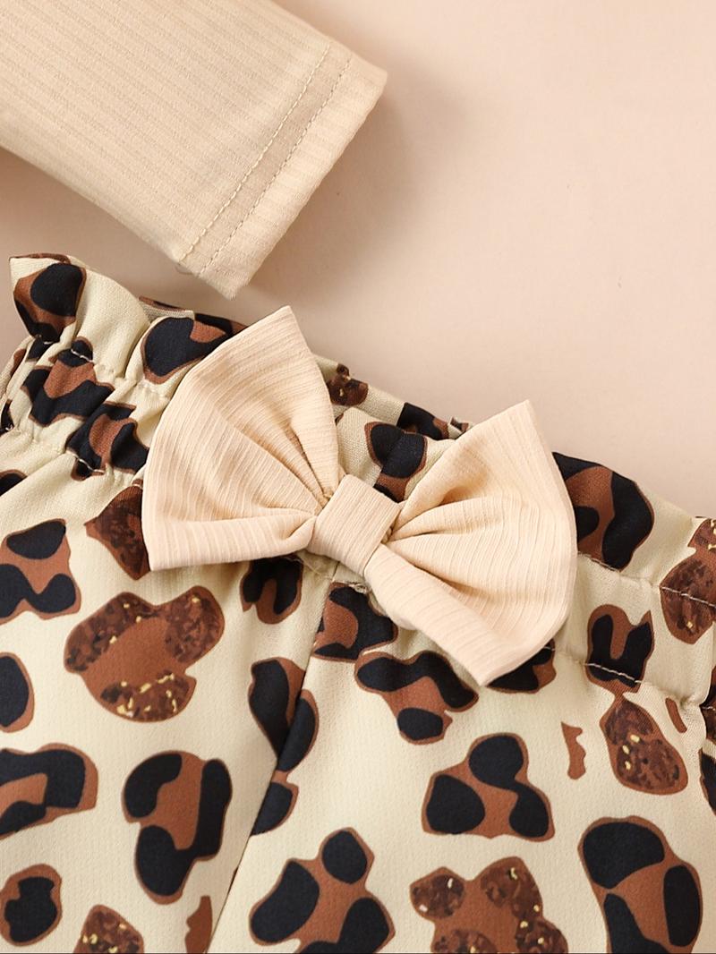 Three-piece Set Girl's Plain Ruffle Trim Bodysuit & Leopard Print Elastic Waist Pants & Hair Band Set, Casual Long Sleeve Round Neck Bodysuit & Trousers & Hair Band for Daily Wear, Kids Clothing for All Seasons, Girl Clothes, Essentials Set
