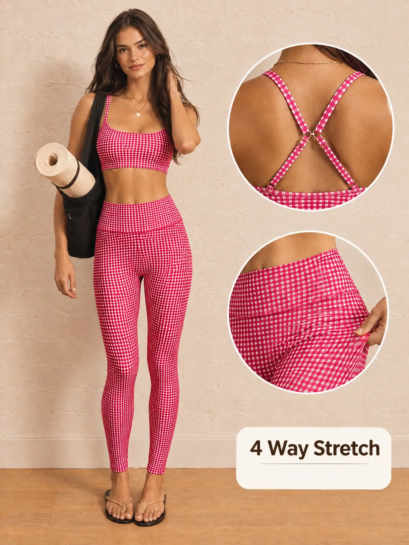 Women's 2 Piece Red Gingham Workout Set - High Waisted Leggings and Sports Bra, Checkered Yoga Outfit, Stretchy Matching Activewear Set, Stretch Sportswear