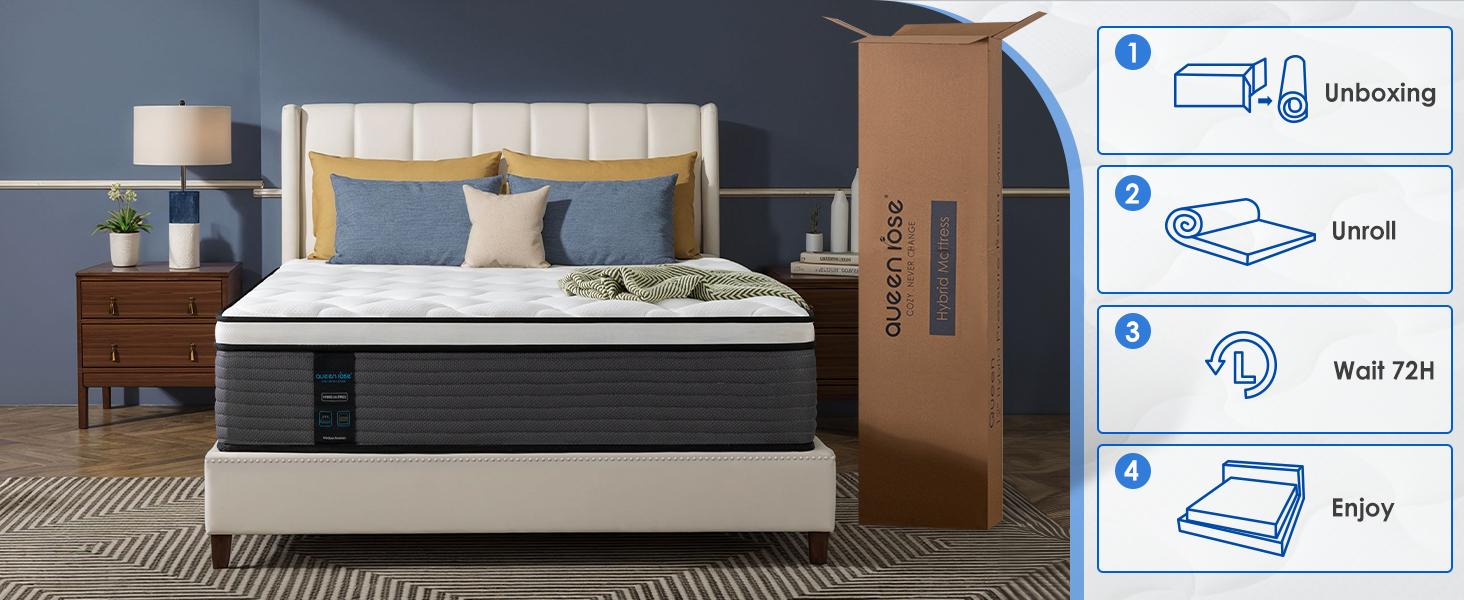 QueenRose Hybrid Mattress in a Box 10/12/14 Inch Individual Pocket Coils Memory Foam Queen/King Bed Firm Support Relieve Back Pain Easy Setup Outdoorfun Sleep Well, Excellent gift for Christmas and New Year