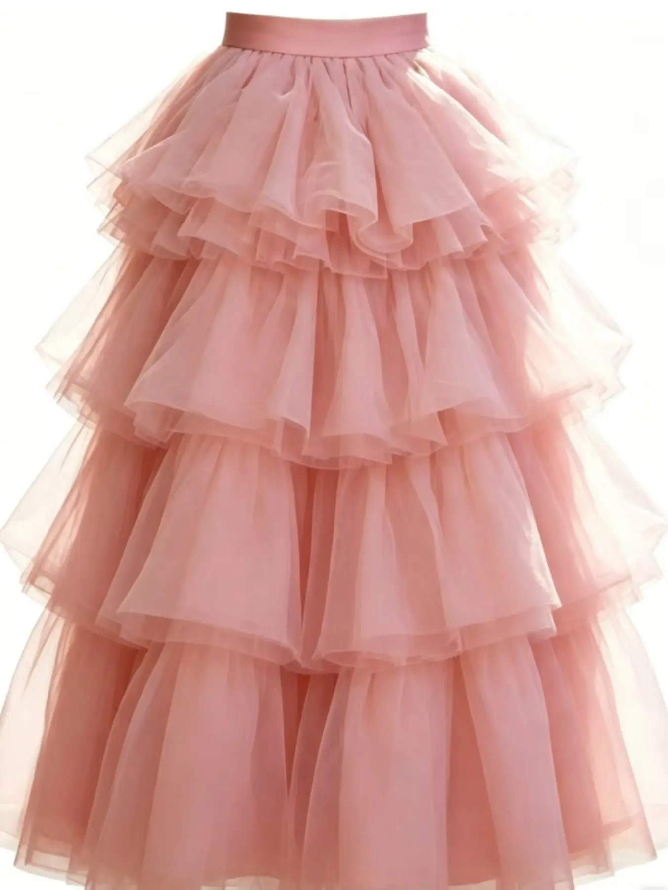 1Pc Dusty Pink Tiered Layered Tulle Dance Skirt, Elastic Waist Ruffle Cake Midi Mesh Skirt Women Ballet Performance Party Costume