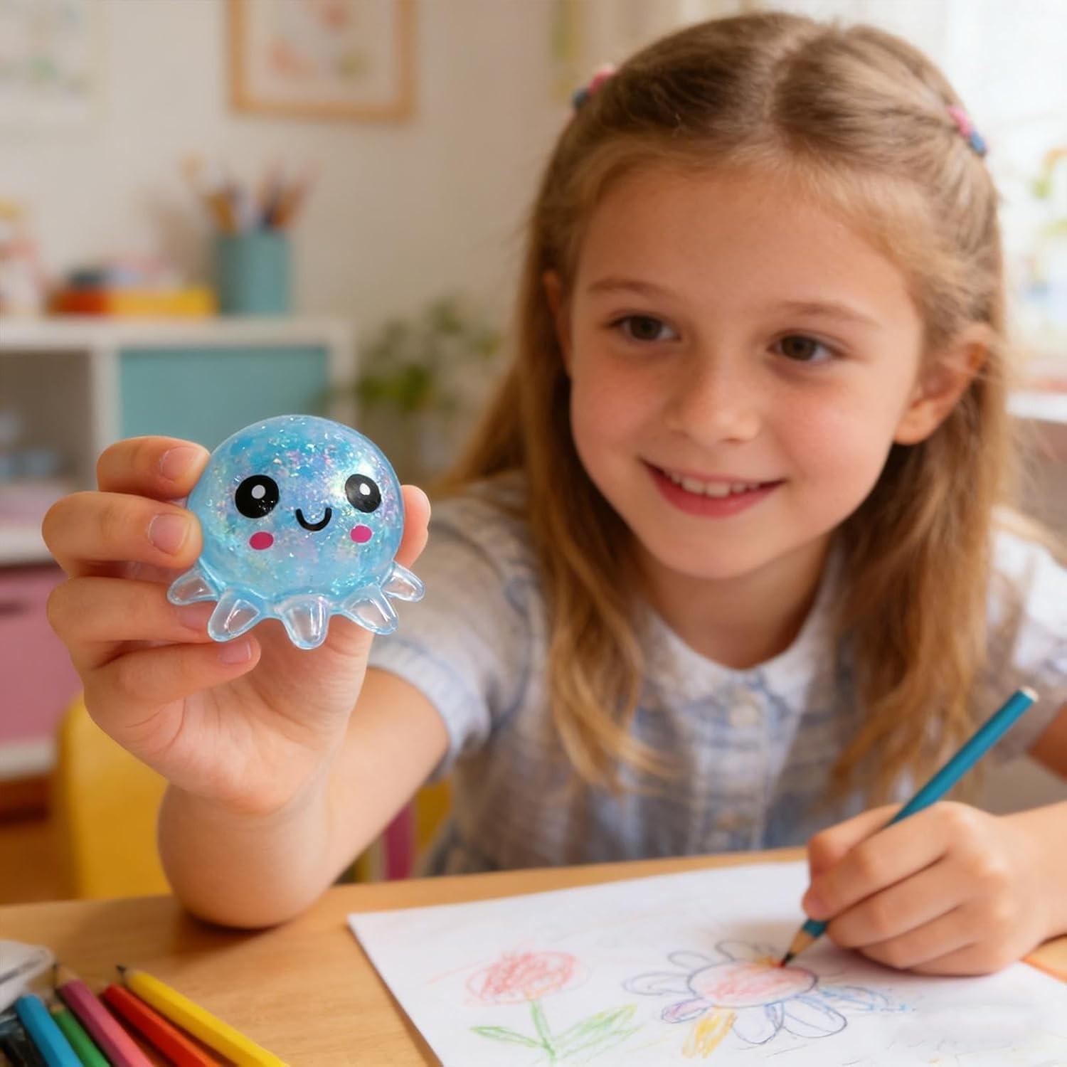 Anxiety Squishies, Fidget Cube Stress Relief, Glitter Octopus Squishy, Slow Rising Squishy Octopus Squeeze Sensory Toys Stress Ball for Adults Kids Relaxation, Cute Small Relief Toys Soft Rebounding StressBalls Party Favors for Birthday Holiday