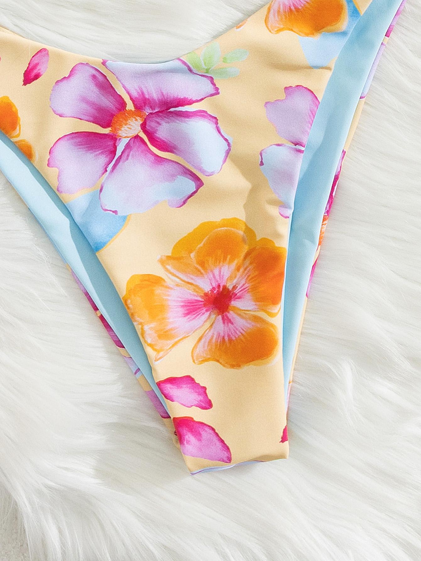 2026 spring and summer new women's tropical floral printed bikini multi-colour set, triangle halter neck top and bikini bottoms, suitable for women's summer beach pool swimming, vacation pool party fashion swimsuit