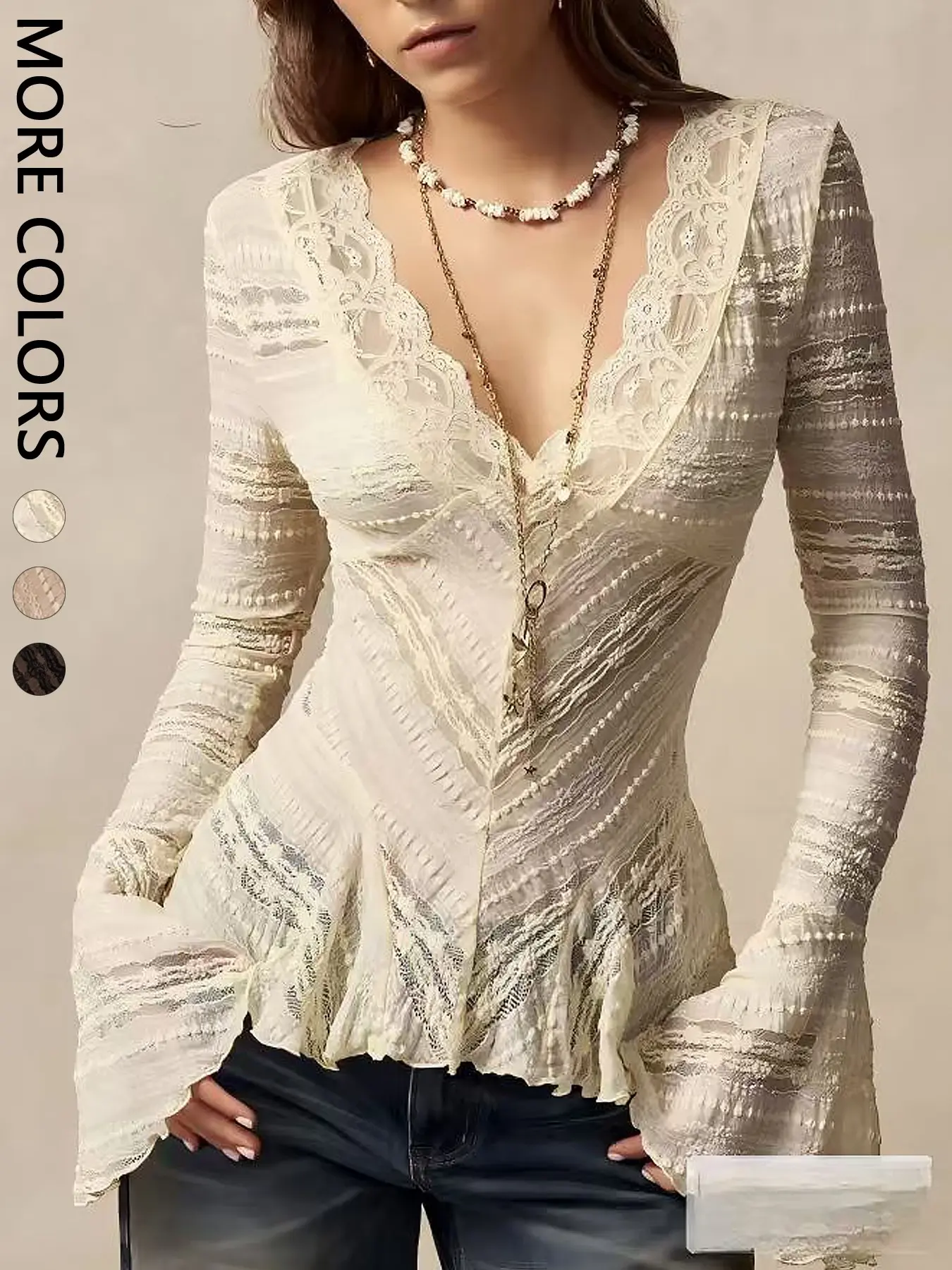 Women's Wave Lace Trim V-Neck Shirt, Long Flared Sleeve Sheer Texture Ruffle Dress Top, Boho Vintage Elegant Layering Blouse, Perfect for Dates, Brunch, Streetwear, Vacation