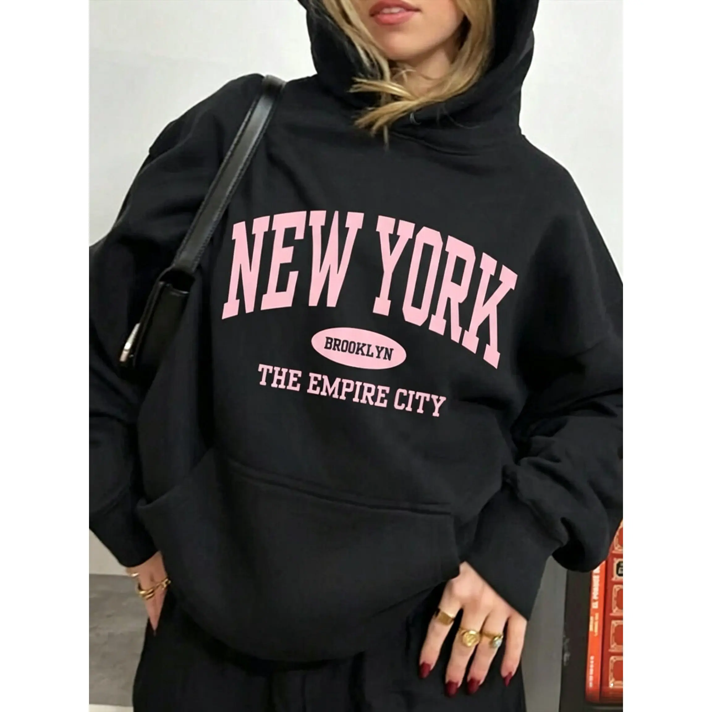 Women's New York Brooklyn Vintage Oversized Hoodie Graphic Hooded Long Sleeve Sweatshirt Autumn Streetwear School Back-To-School Outfits Ladies Casual Drawstring Pocket Hoodies Tops