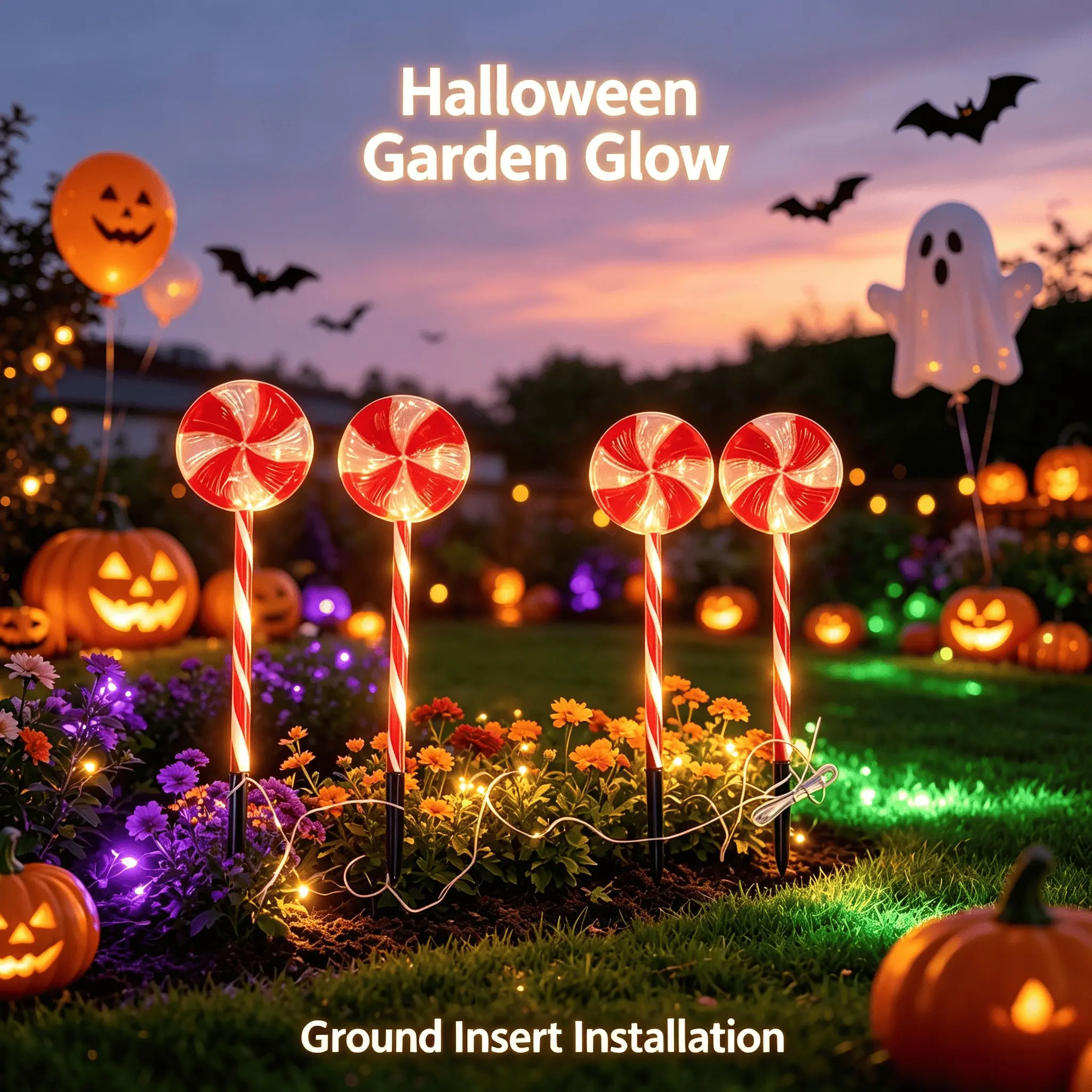 Solar Powered Lollipop Shape Garden Stake Lights, Halloween Christmas Decorations, 4 Outdoor Stake Lights for Balcony Patio Lawn Path Wedding Birthday Party