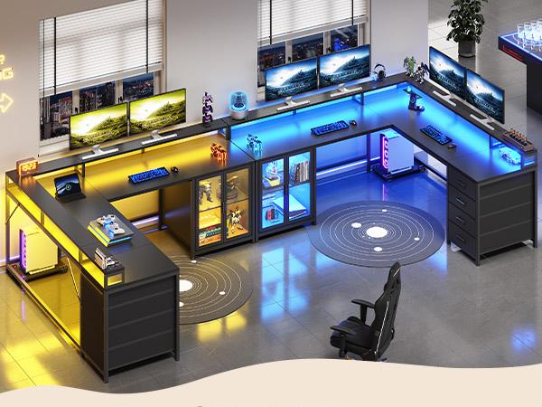SEDETA L Shaped Gaming Desk with 4 Drawers, 109” Computer Desk with Display Cabinet, Home Office Desks with 2 Monitor Stands, CPU Stand, LED Lights and Power Outlet