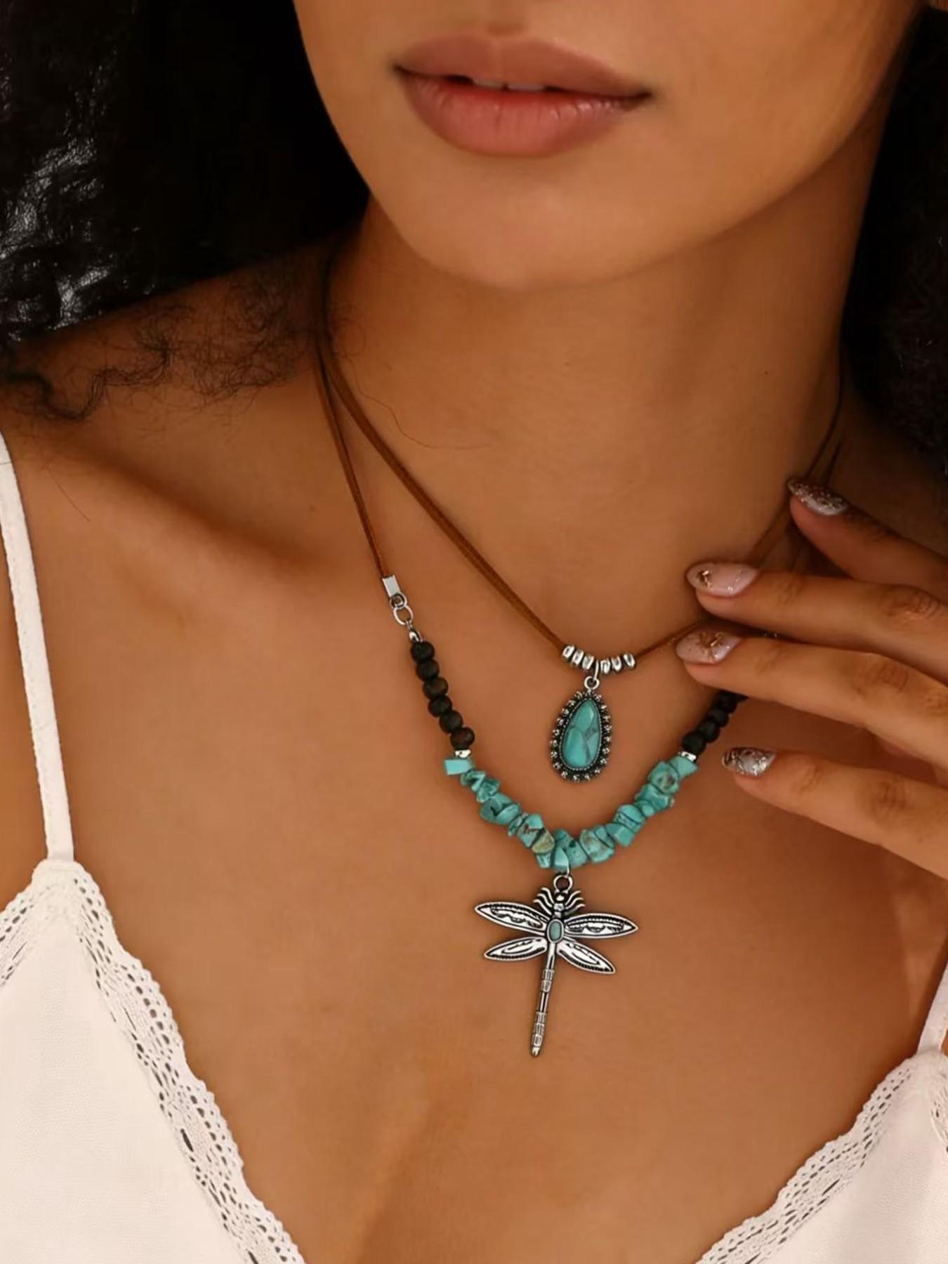 Women's Multi-Layer Dragonfly Turquoise Necklace, Bohemian Style Pendant Jewelry Set, Perfect for Holidays, Daily Wear, and Gifting
