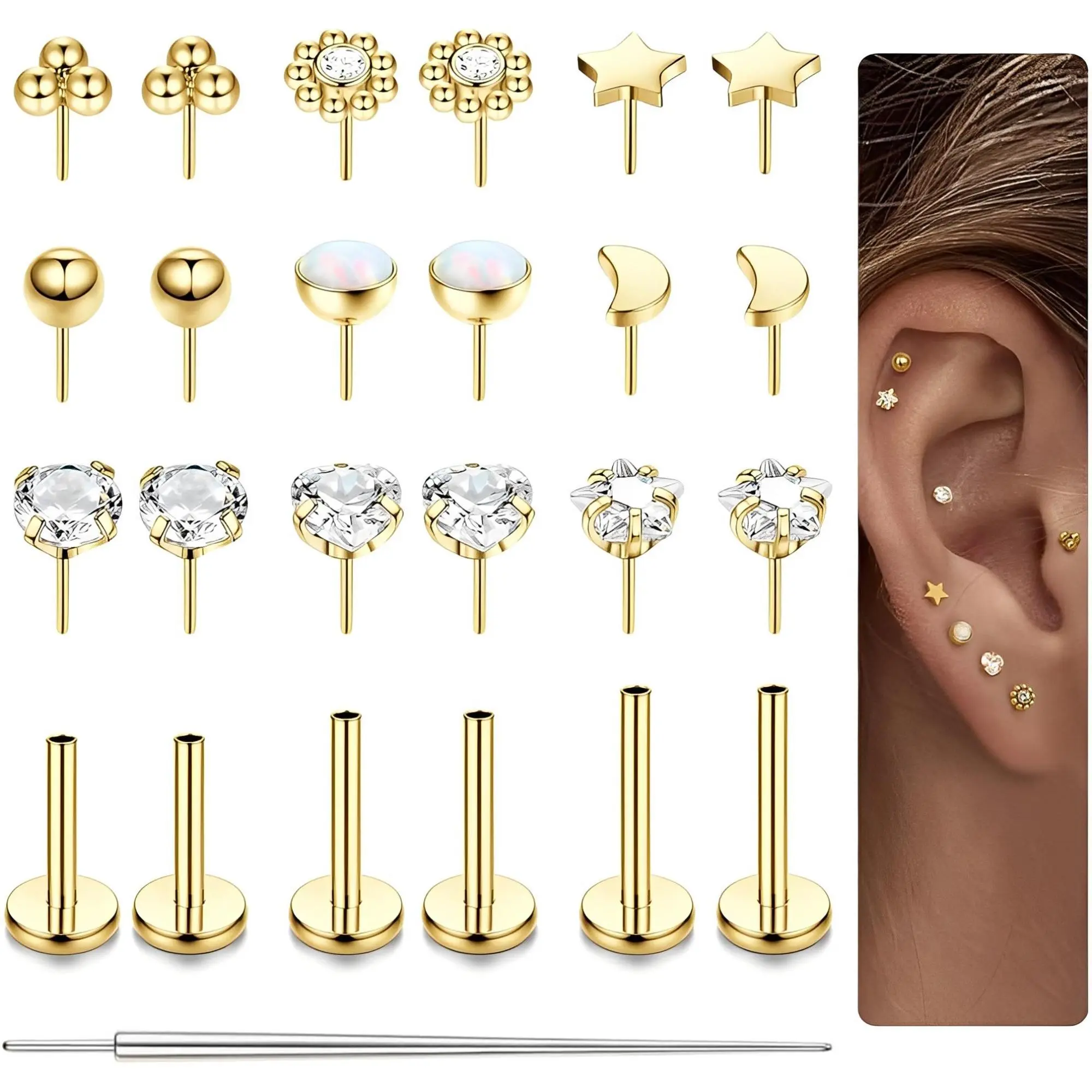 CASSIECA Dainty Geometric 316L Surgical Steel Body Jewelry Set - 20G/18G/16G Threadless Studs, Ring, Push-In Flat Back CZ Earrings for Nose Piercings, Lip Labret, Cartilage Sohochic