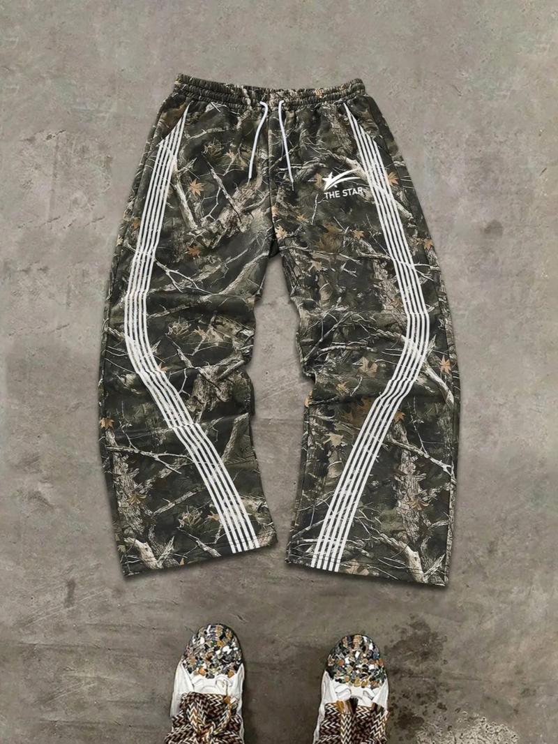 Men's Casual Camo Pants, Loose Fit Outdoor Pants with Adjustable Drawstring Waist, Letter Star Print, Practical Side Pockets, Camouflage Pants
