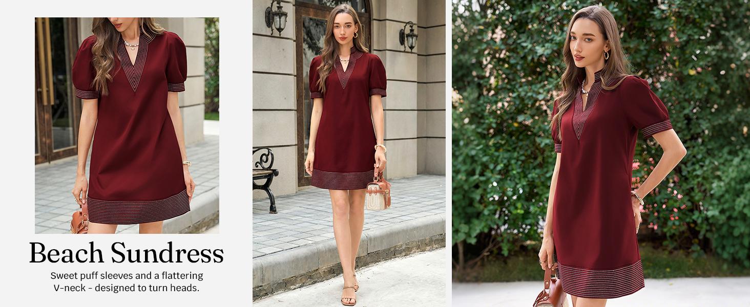 Wenrine Women's Summer V-Neck Shift Dress - Casual Puff Short-Sleeve Color Block Bohemian Tropical Day Dress with Pockets, Comfortable