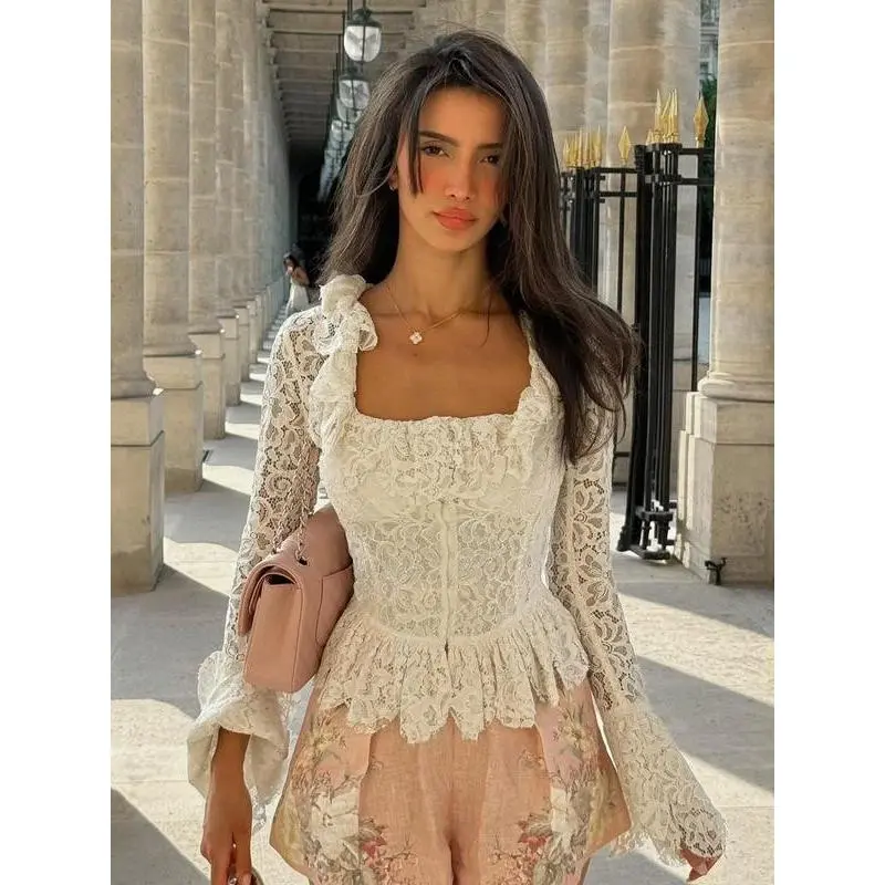 Women's Lace Long Sleeve Top, Elegant Romantic Square Neck Spring Shirt for Daily Wear