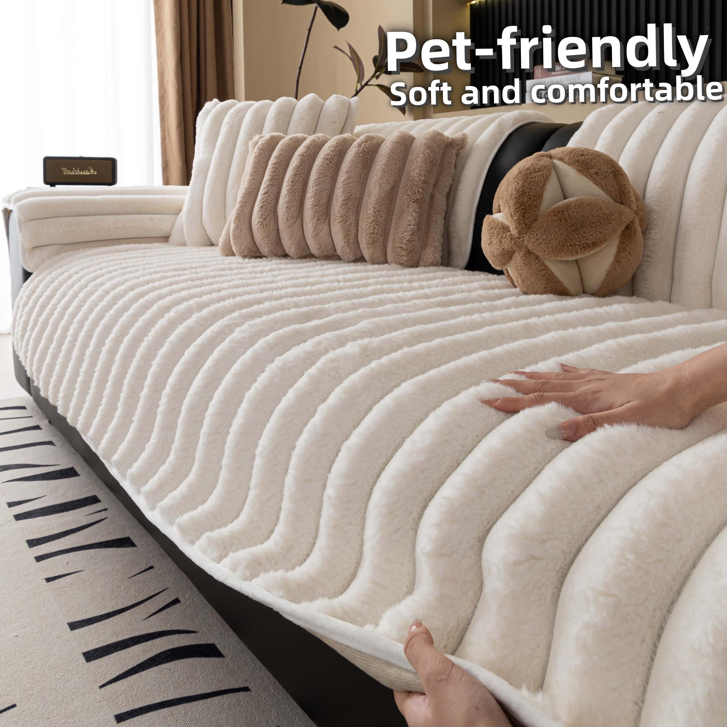 Solid-colour plush sofa couch, Pet-Friendly Extra Thick Sofa pad, Soft Fluffy Fur Couch Protector, Non-Slip Washable couch cover, Sofa Couch Covers, Anti-Scratch Furniture Throw Blanket for Living Room, 3-Seater, Multi-Color Available, Couch Slipcover