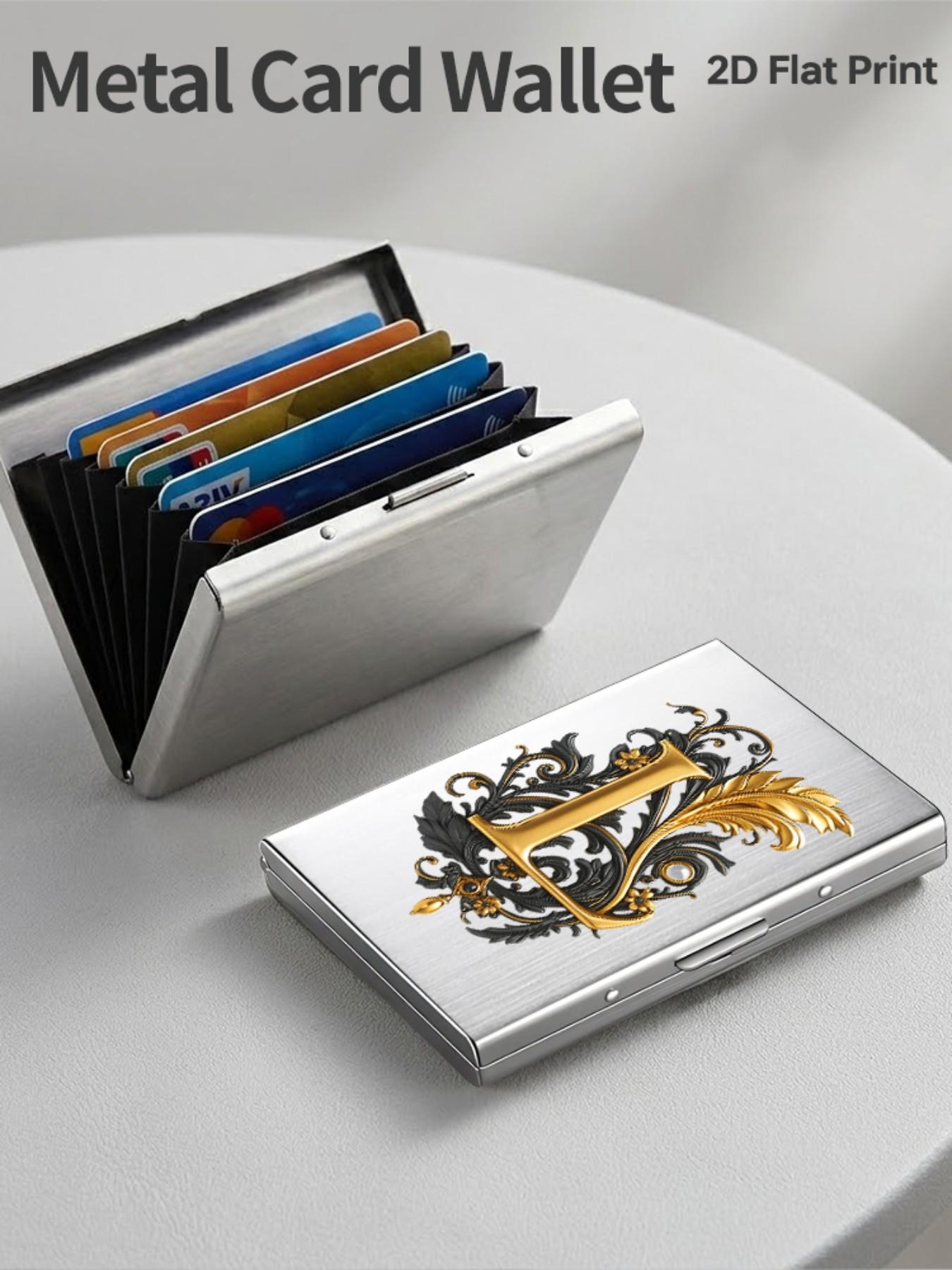 Luxury Gold Baroque Letter L Print Rfid Metal Card Holder, Card Slot, Multi-Layer Stainless Steel, Ultra-Thin Magnetic Closure, Perfect Gift