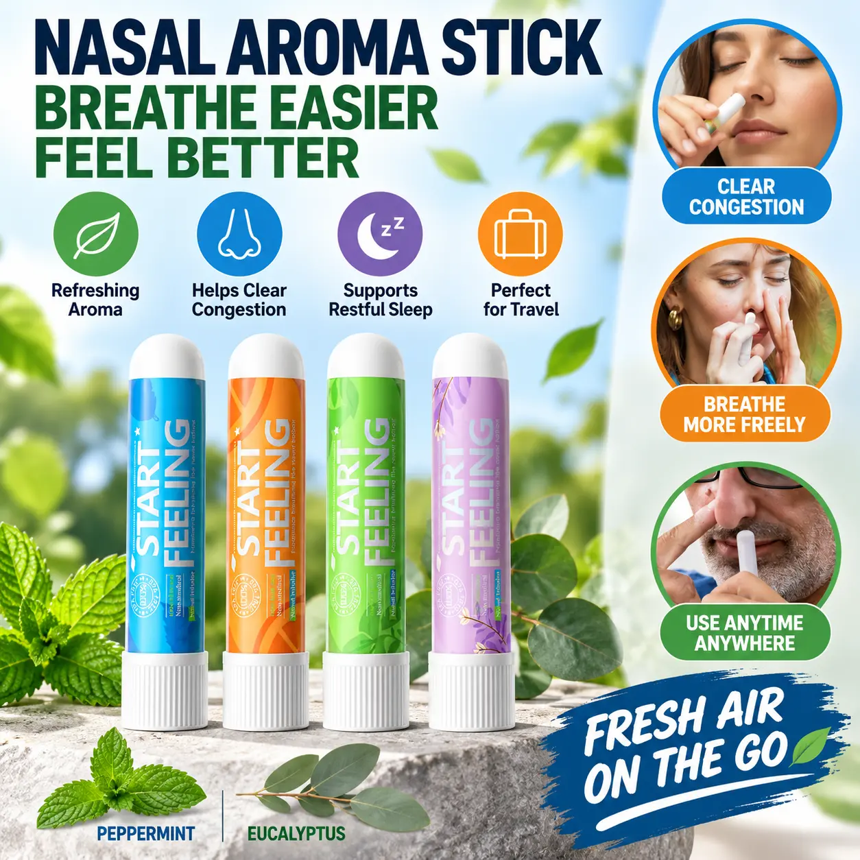 Eucalyptus & Peppermint Nasal Aroma Stick, Menthol-Infused Portable Inhaler for a Fresh Cooling Sensation, Easy-to-Carry Daily Wellness Accessory for Home, Office & Travel