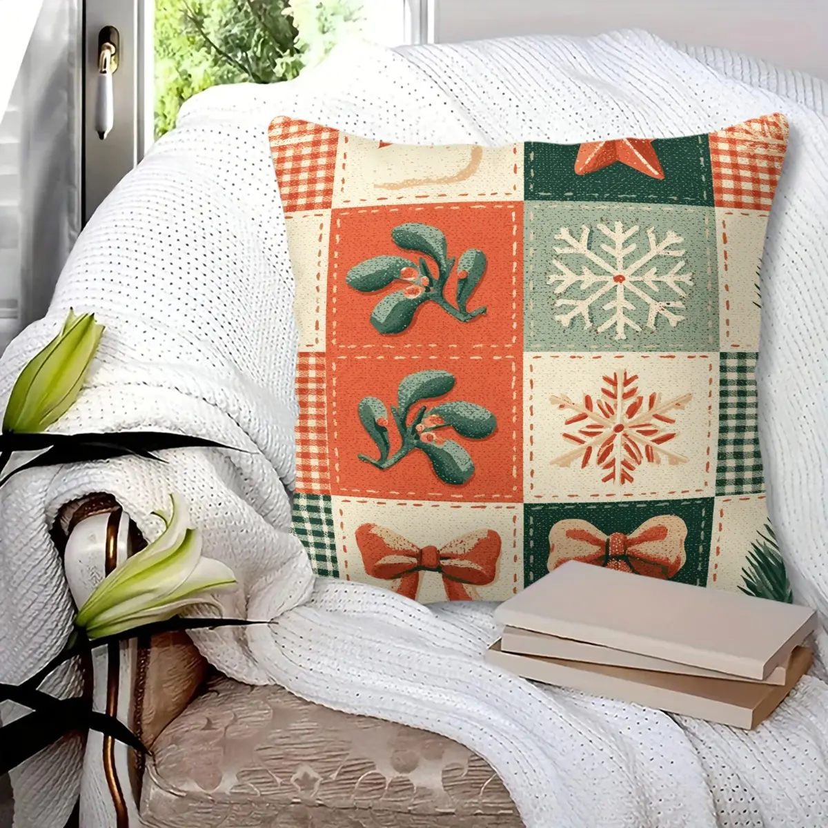 45x45cm 1Pc Christmas Patchwork Throw Pillow, soft fluffy durable cushion, with vintage snowflake, mistletoe, bow and star decorative prints, perfect for sofa, bed, bedroom and living room decor, great holiday small gift for friends and family