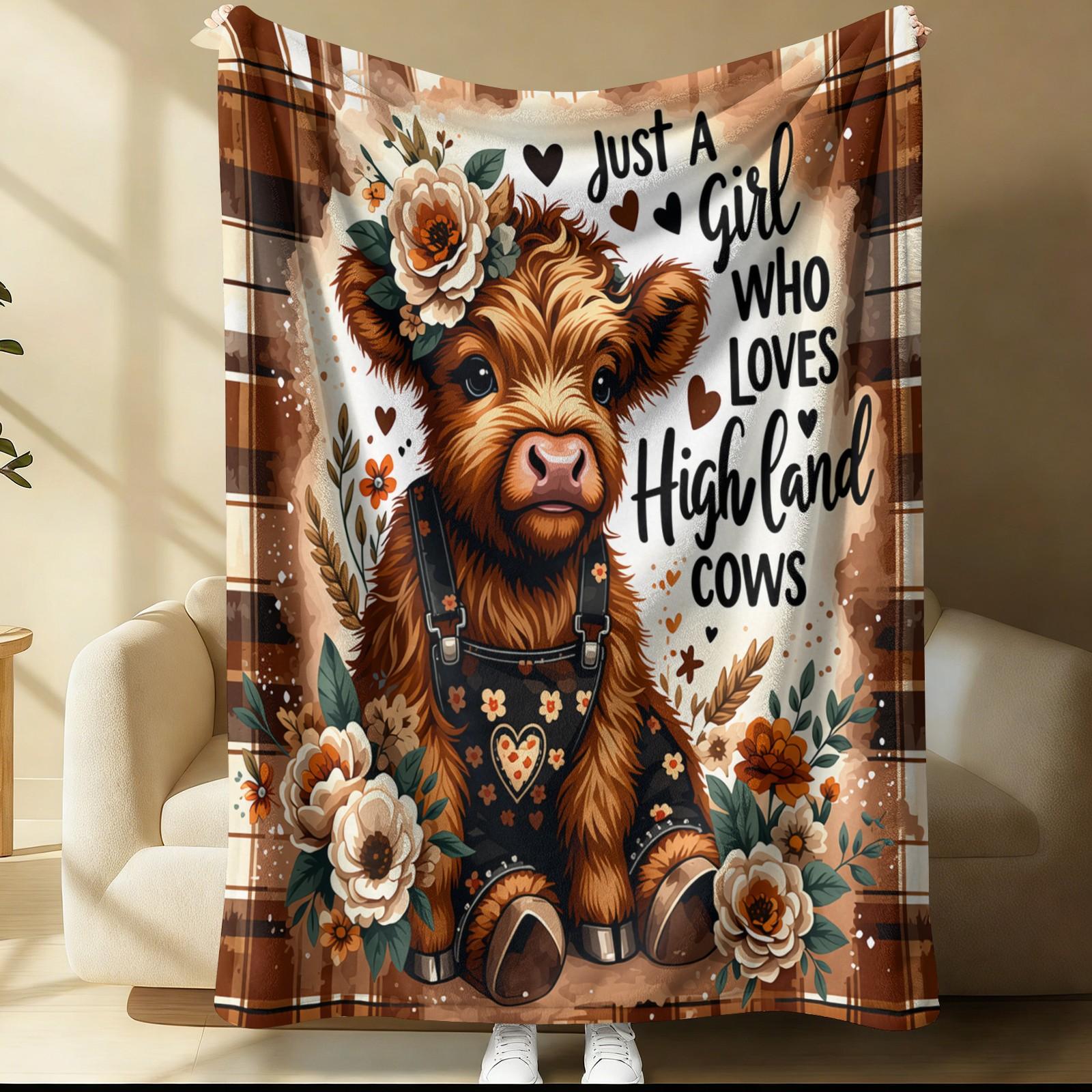Just A Girl Who Loves Highland Cows Lightweight Throw Blanket, Soft Flannel Fleece Cute Highland Cow Floral Blanket, Western Plaid Nap Blanket for Couch Bed Office Travel, Ideal Gift for Highland Cow Lovers Women Girls Teens