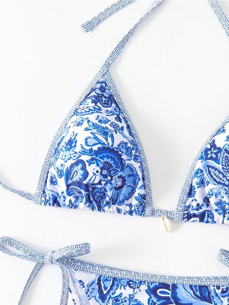 Women's Bikini Set with Adjustable Straps, Sexy Vacation Beachwear, Printed Halter Neck Swimsuit, Spring Summer 2026 Fashion