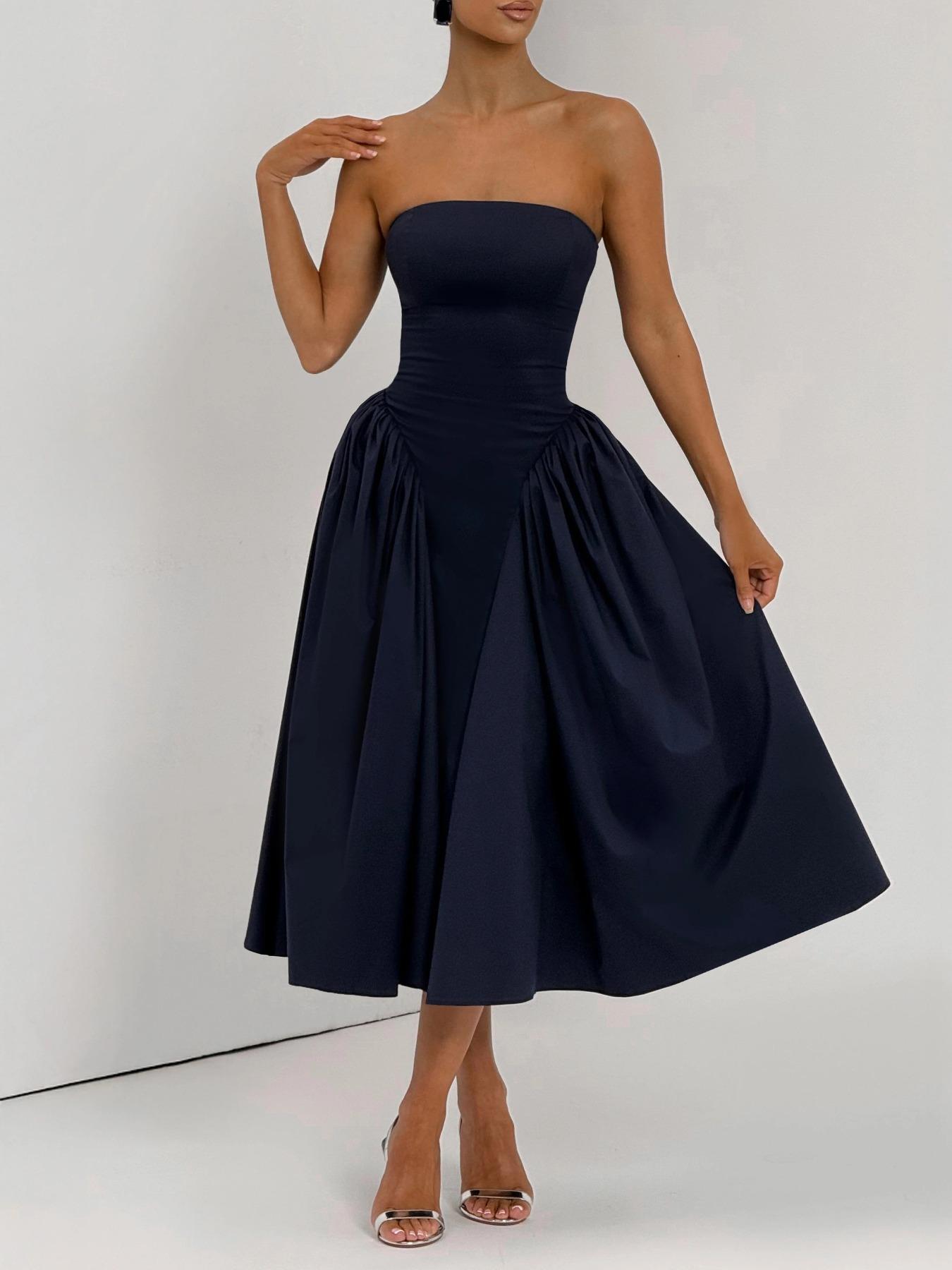 Elegant Midi Plain Color Strapless Dress for Women, Chic and Sophisticated Design for Special Occasions, Stylish Party Dress