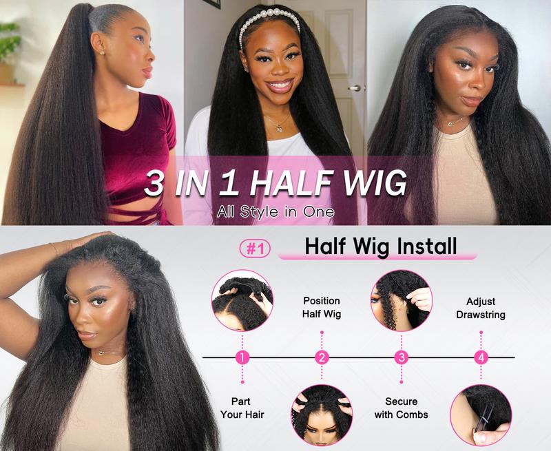 Bling Hair 200% High Density Kinky Straight 360 Lace Front Wigs Human Hair Glueless Brazilian Yaki Straight 13x6 HD Lace Frontal Wig Preplucked Remy Hair Half Wigs With Drawstring 3 in 1 Fast install Wig #TikTokShopHolidayHaul
