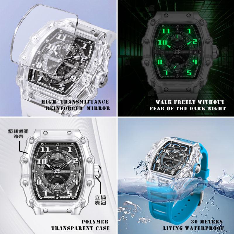Men's Luxury Barrel-shaped Transparent Waterproof Quartz Watch for Outdoor, Back to School, Parties, Daily,Ideal Birthday,Design Watch,Men's Business Fashion Watch