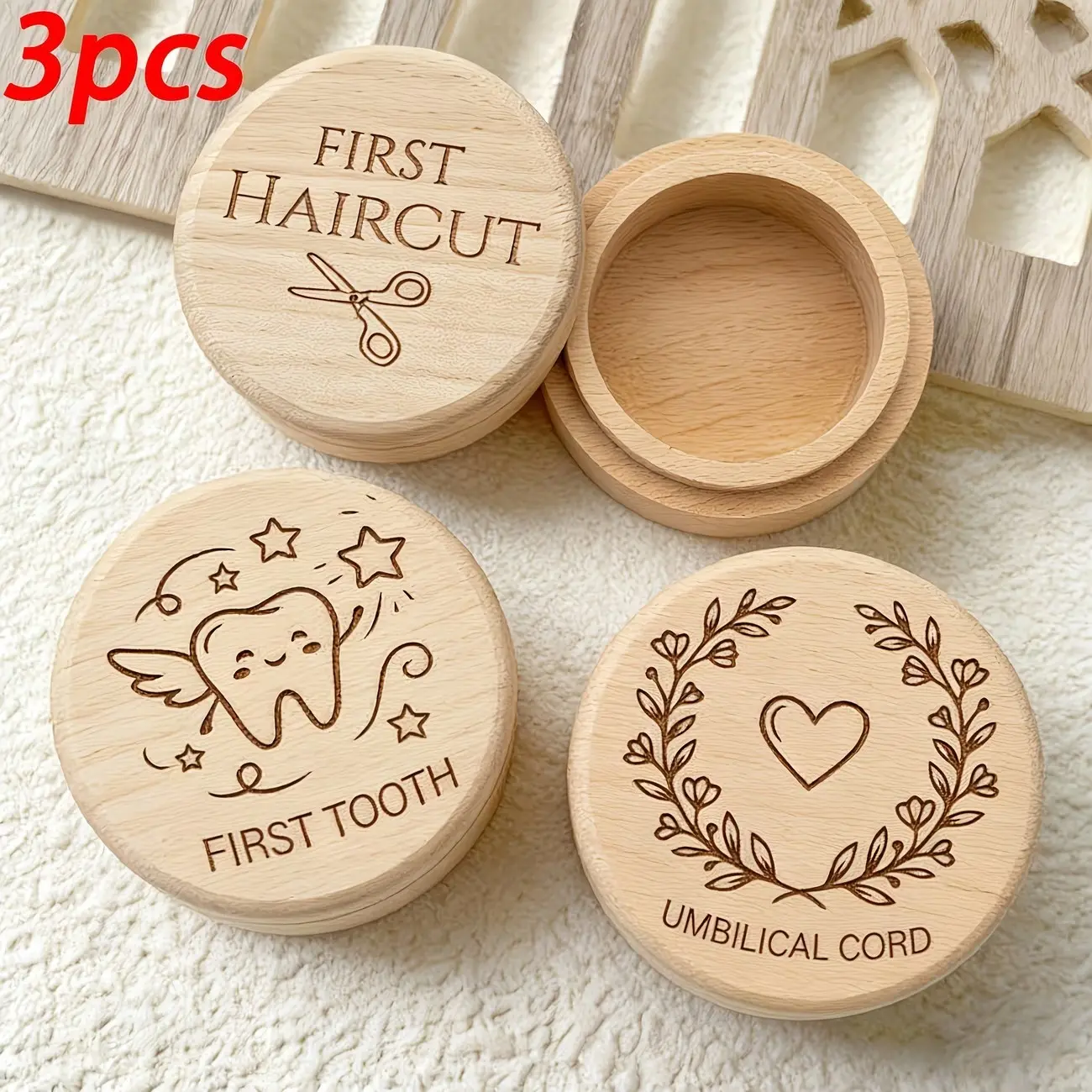 3‑Piece Wooden Newborn Keepsake Storage Box with Lid Set, First Milk Tooth, First Haircut Hair and Umbilical Cord Box, Teeth & Lanugo Hair Collector Box, Baby Souvenir Gift for Home Decoration, Birthday Present