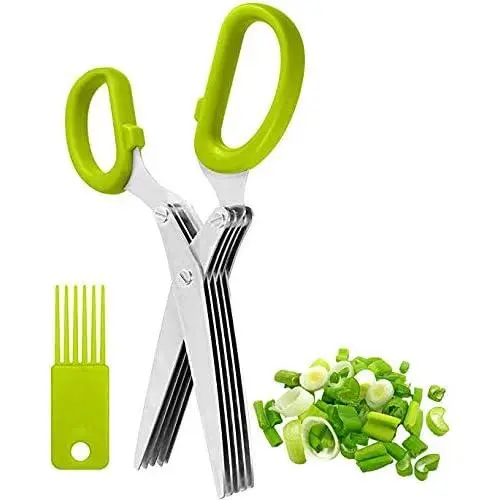 Herbal Scissors Stainless Steel 5 Blade Kitchen Scissors Mince Fresh Herbs & Leafy Greens Kitchen Gadgets Herb Cutter whit Cleaning Comb (Green)