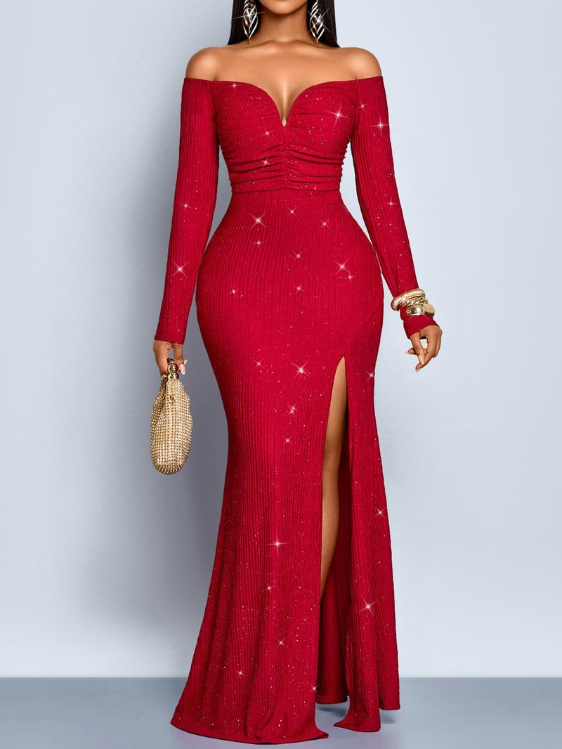 Aliling Christmas Dresses Women's Elegant Long Sleeve Ruffle Dress, Shoulder-Exposed Plain Design, Slim Fit Fall & Winter Fashion, Super Long A-Line Style