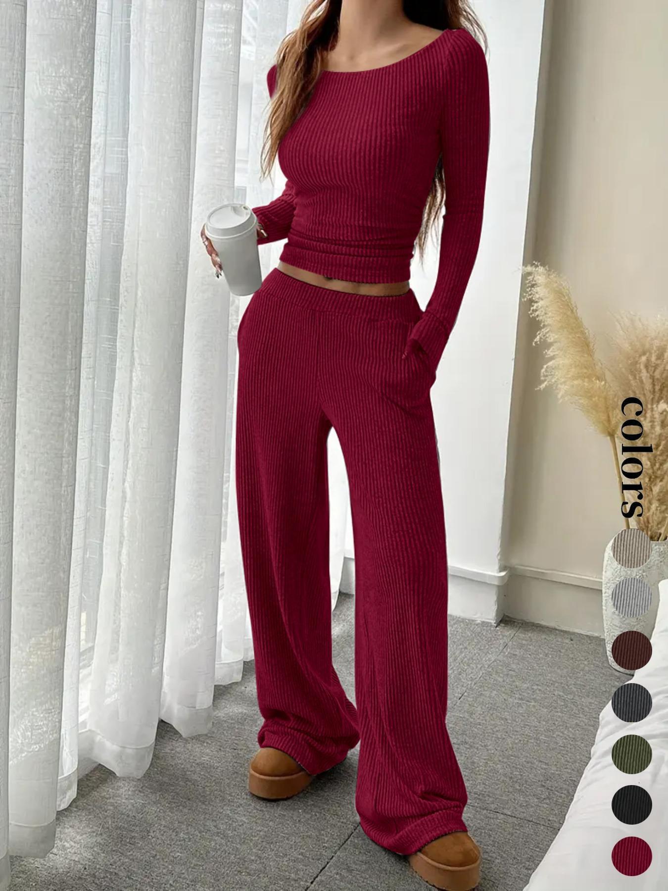 Women's Casual Striped Long Sleeve Top & Loose Pocket Pants Set, European Style Womenswear, Comfortable for Daily Wear
