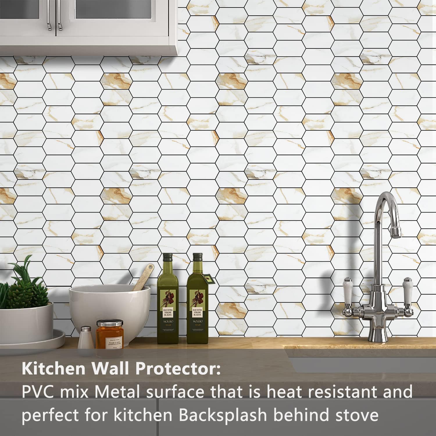 Vamos Tile Long Hexagon Peel and Stick Backsplash Tile - 10 Sheets Stick on Backsplash for Kitchen and Bathroom 12.4 x 12 Inch Calacatta Gold PVC Self Adhesive Mosaic Wall Tiles Vamos Tile Long Hexagon Peel and Stick Backsplash Tile - 10 Sheets Stick on Backsplash for Kitchen and Bathroom 12.4 x 12 Inch Calacatta Gold PVC Self Adhesive Mosaic Wall Tiles