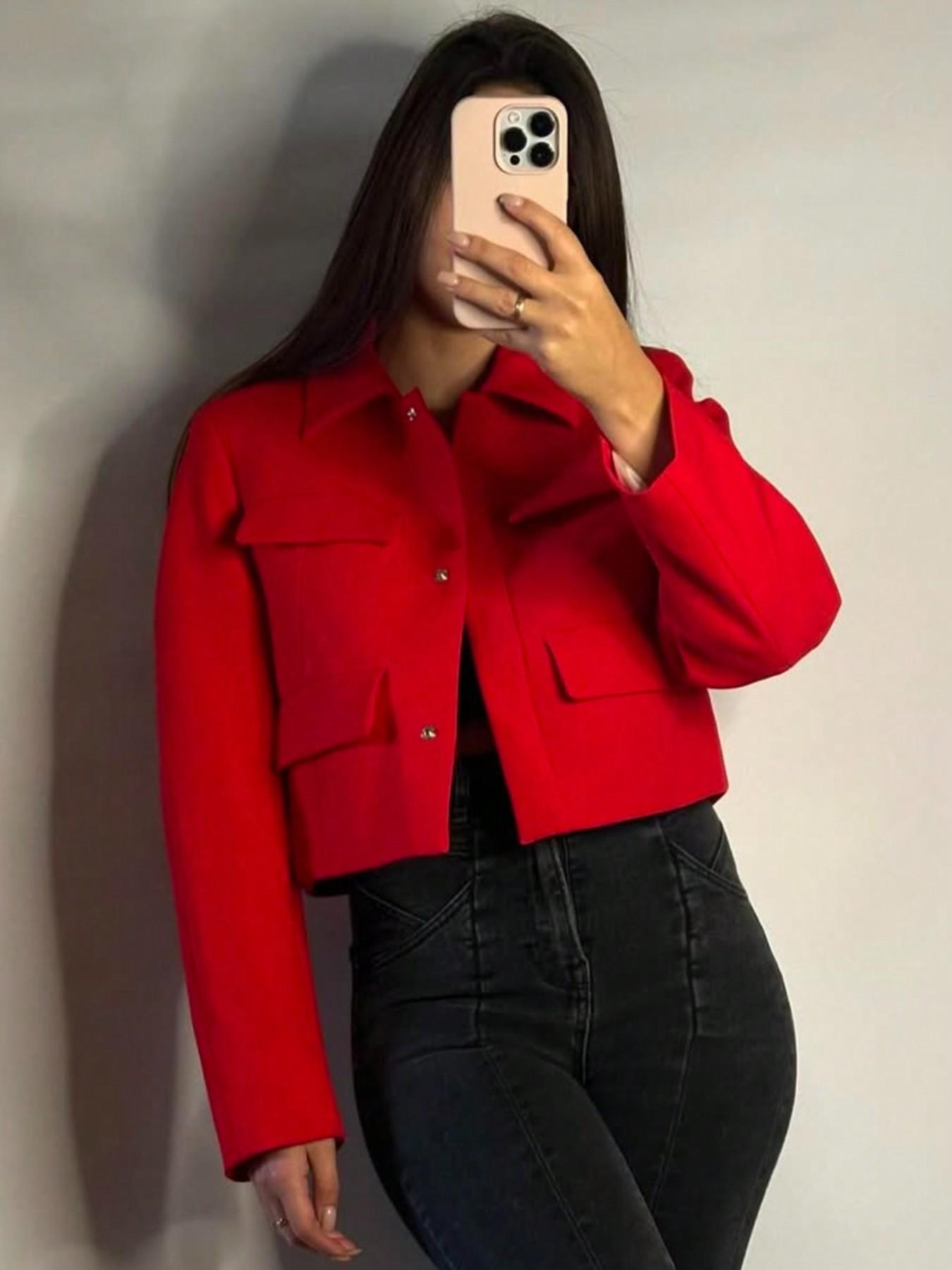 Women's Spring Fall Retro Multi-Pocket Short Work Jacket Coats, Collared Structured Smooth Woven Fabric Stand Collar Long Sleeve, Casual Outerwear Everyday