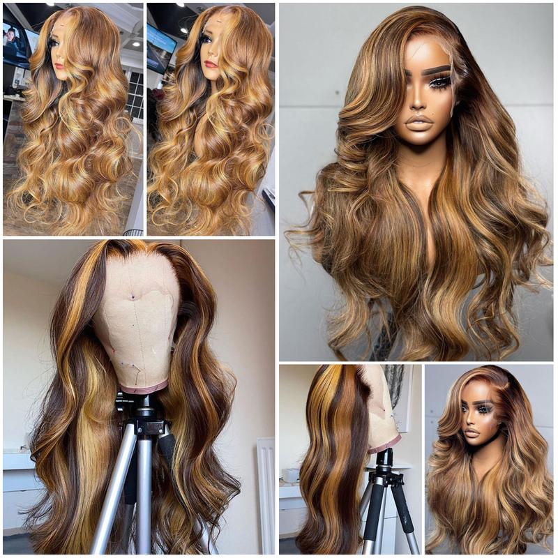 QUANDIAN FB/27 Balayage Highlight Lace Front Wig Human Hair Pre Plucked 210% Density 13x6 HD Lace Virgin Human Hair Body Wave Ombre Wig Springtok