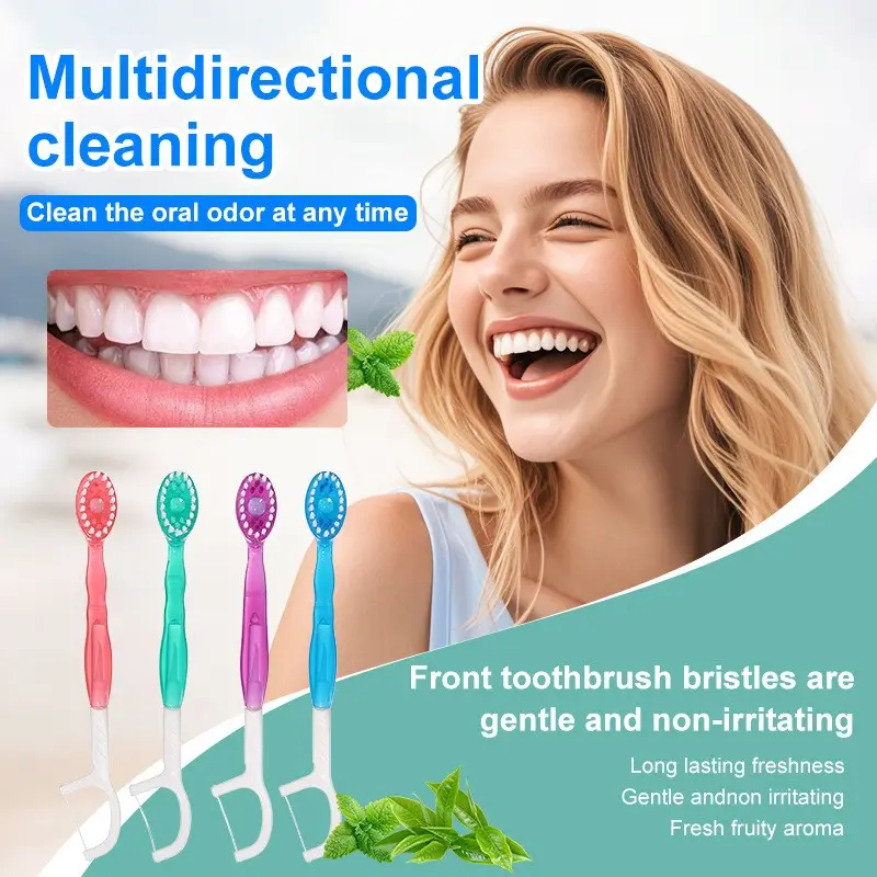 5-In-1 Mini Toothbrush Set, Disposable Toothbrush with Toothpaste, Dental Floss, Toothpick, Tongue Scraper, Travel Friendly Oral Care Kit, Built in Tongue Scraper, Compact, Lightweight, Portable