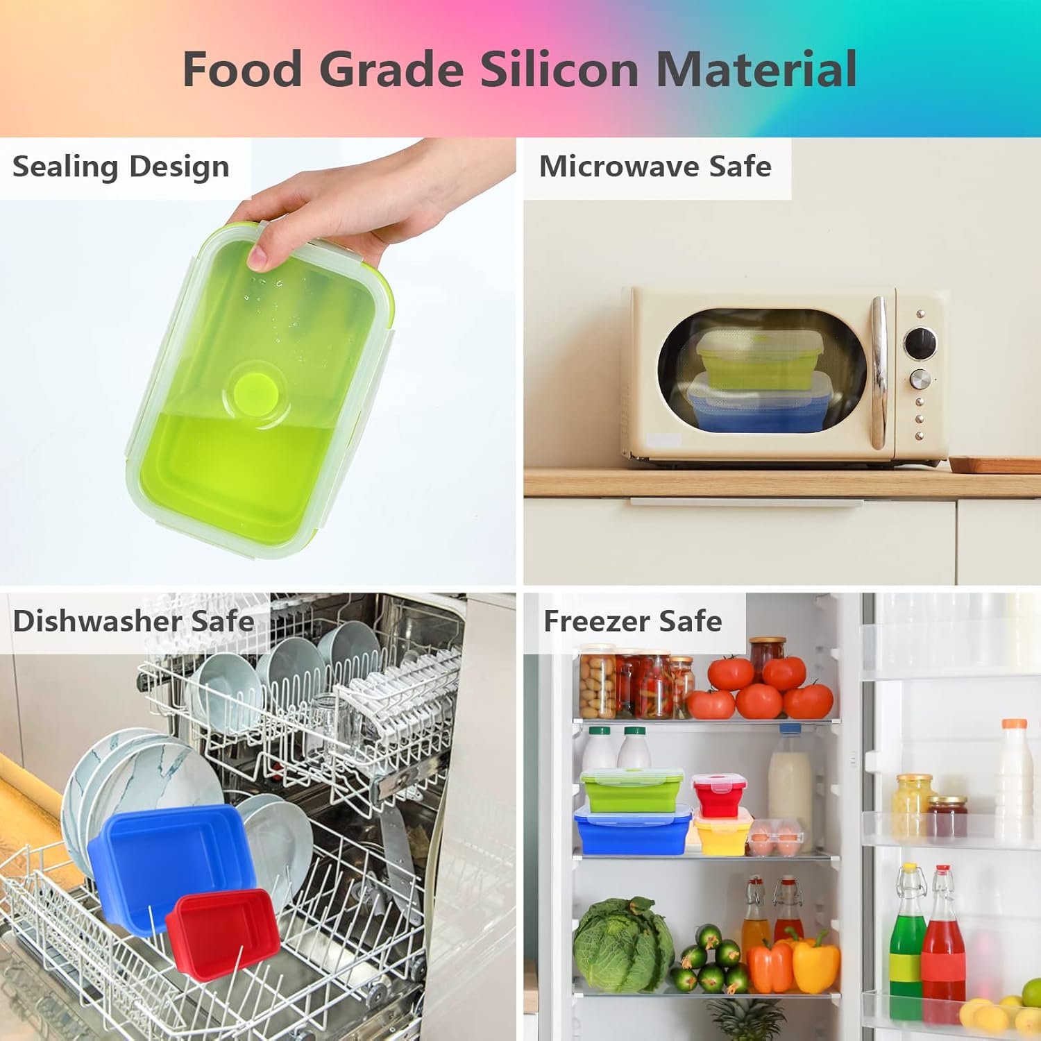 Set of 4 Collapsible Foldable Silicone Food Storage Container, Leftover Meal Box With Airtight Plastic Lids For Kitchen, Bento Lunch Boxes-Microwave, Dishwasher and Freezer Safe