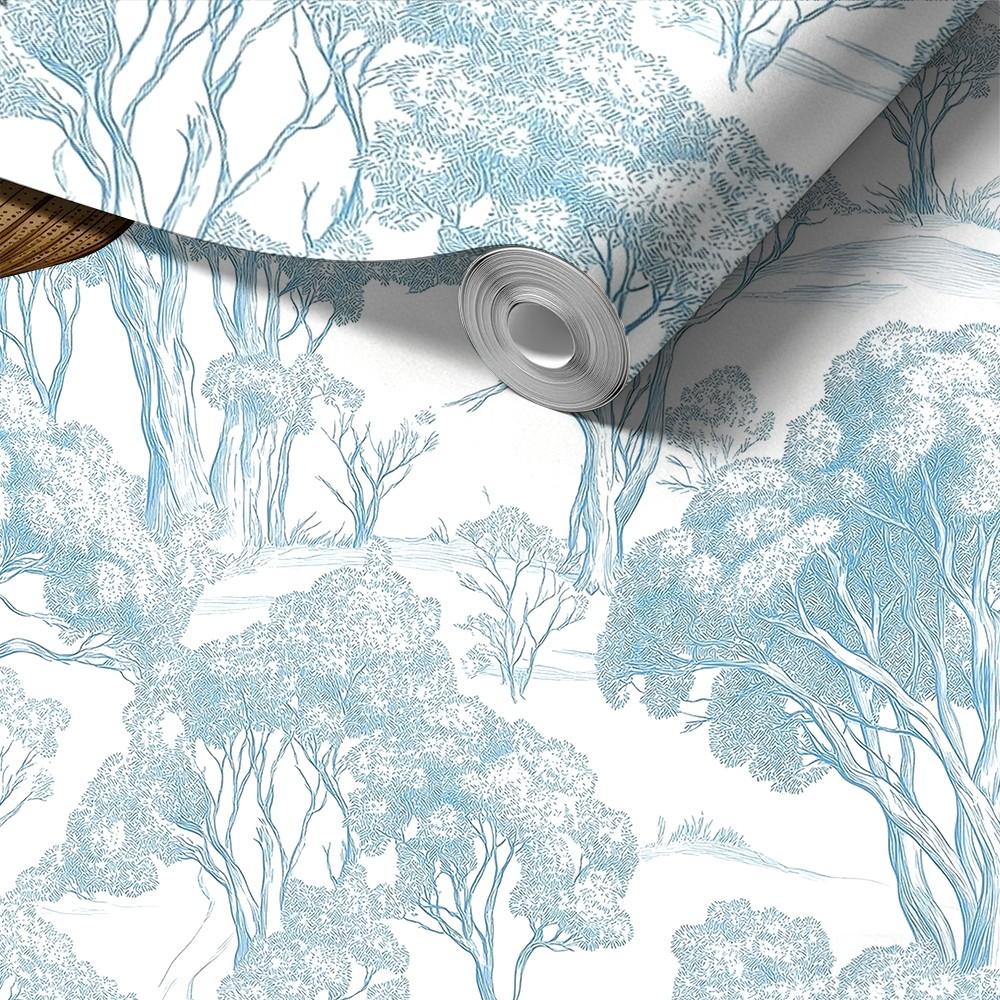 Light Blue Toile Peel and Stick Wallpaper, Renter Friendly Removable Floral Wallpaper, Mould-Proof for Living Room, Wedding Season Gift