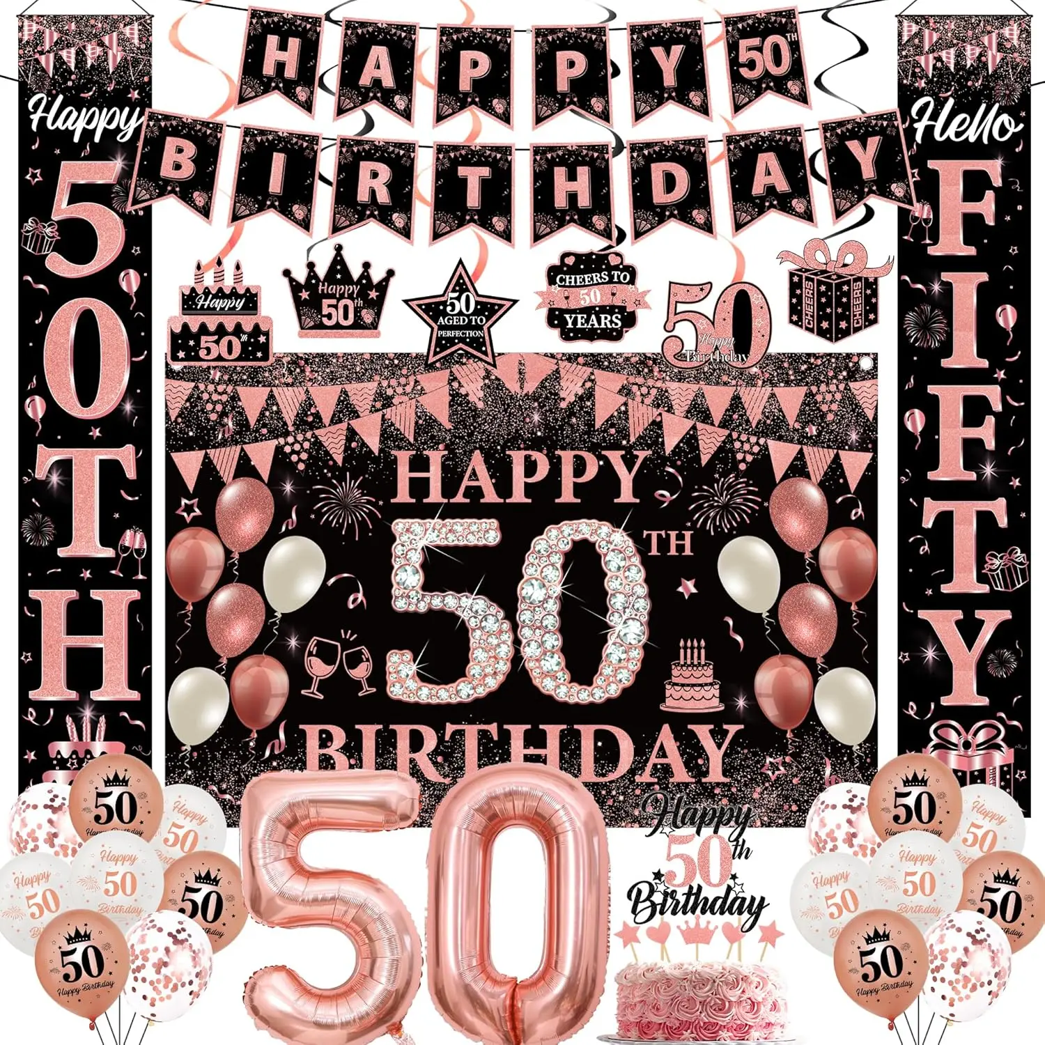 Women's 50th Birthday Party Decorations Set - 35 Pcs Black Rose Gold Banner, Background Swirls, Latex Foil Balloons, Cake Toppers, Table Decor, Gifts for Her Porch Wall Supplies (Includes Banner)