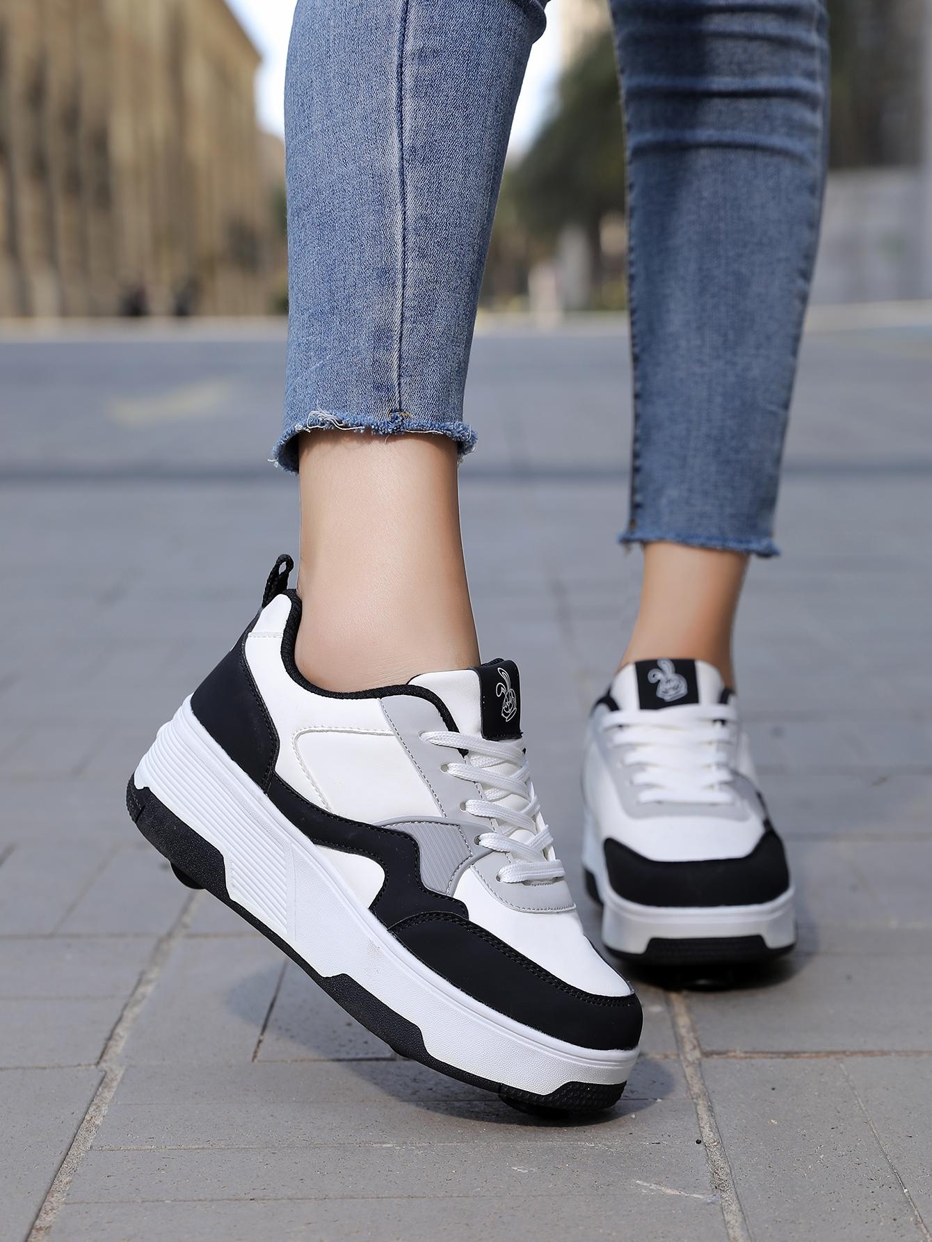 Unisex Button-Operated Four-Wheel Roller Skates, PU Leather Lightweight Durable Dual-Roller Invisible Skate Shoes, All Seasons, Shoes With Wheels