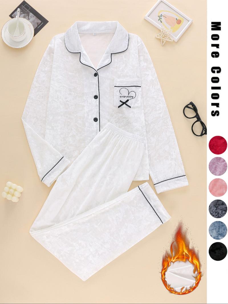 Two-Piece Set Women's Solid Button Front Lapel Shirt & Pants Velvet Pyjama, Long Sleeve Pocket Top & Trousers Set, Women's Sleepwear for Winter