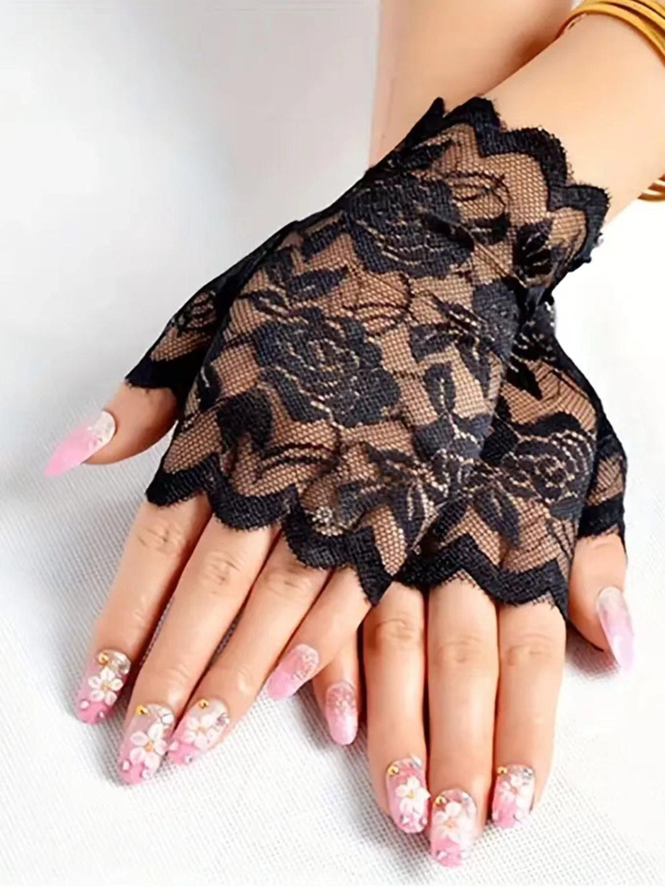 1pair Floral Pattern Lace Hollow out Design Gloves (1 Pair), Elegant Fashion Gloves for Wedding Party, Wedding Bridal Gloves