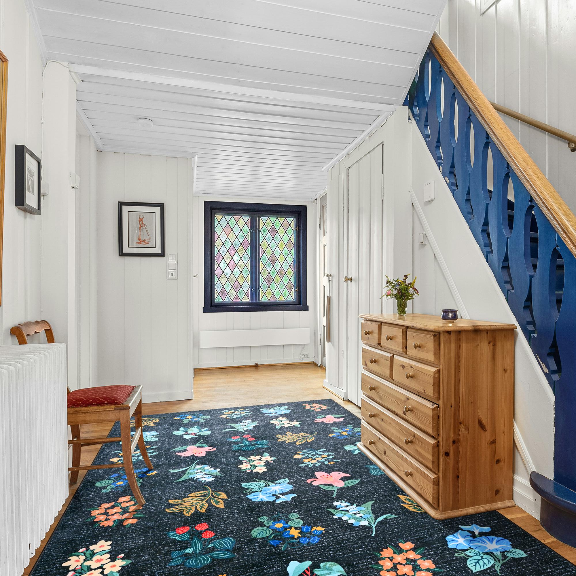 Lochas Floral Washable Living Room Area Rug ,Non-Slip Low-Pile Rugs for Entryway, Throw Small Stain Resistant Kitchen Rugs, Print Carpet for Office, Bedroom, Laundry Room, Nursery, Home Decor