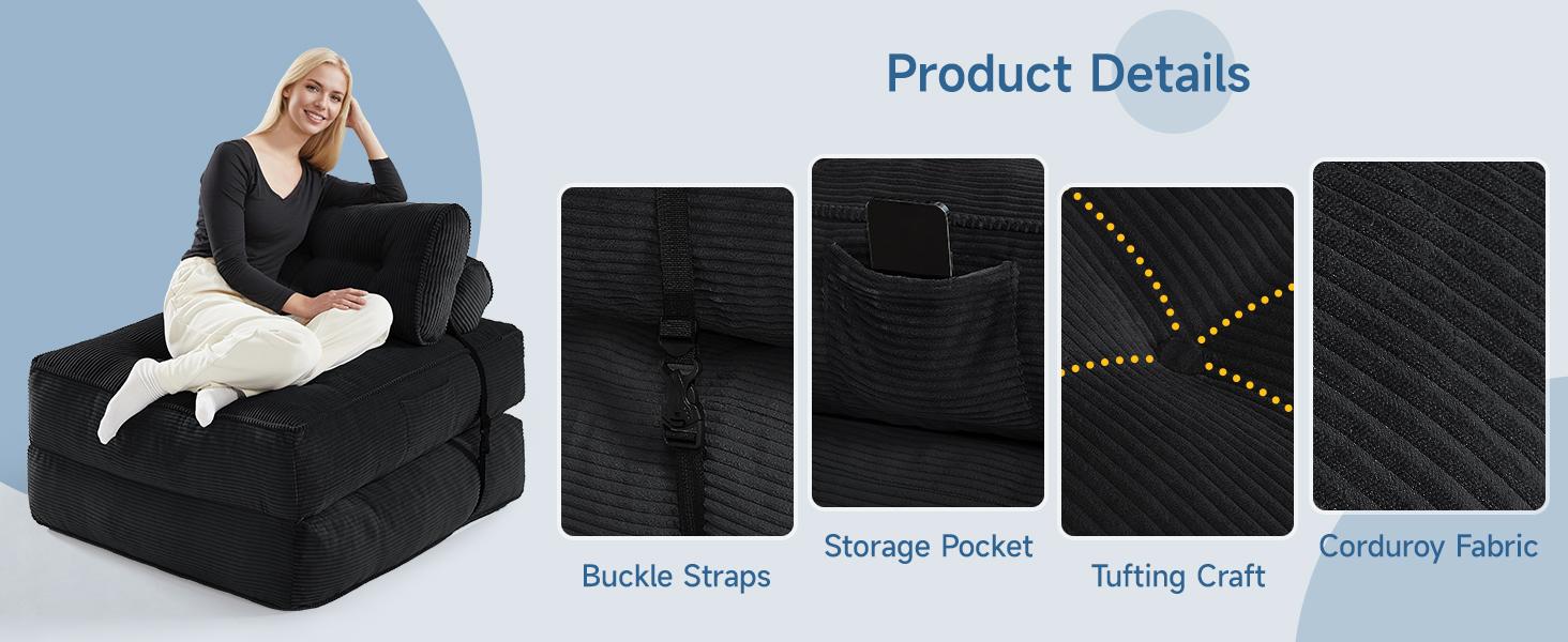 【SPOTLIGHT DAY】ONBRILL Folding Couch Sofa Bed, Convertible Sleeper Chair, Corduroy Portable 4 in 1 Fold Out Chair to Floor Lounger, Couches for Living Room, Single