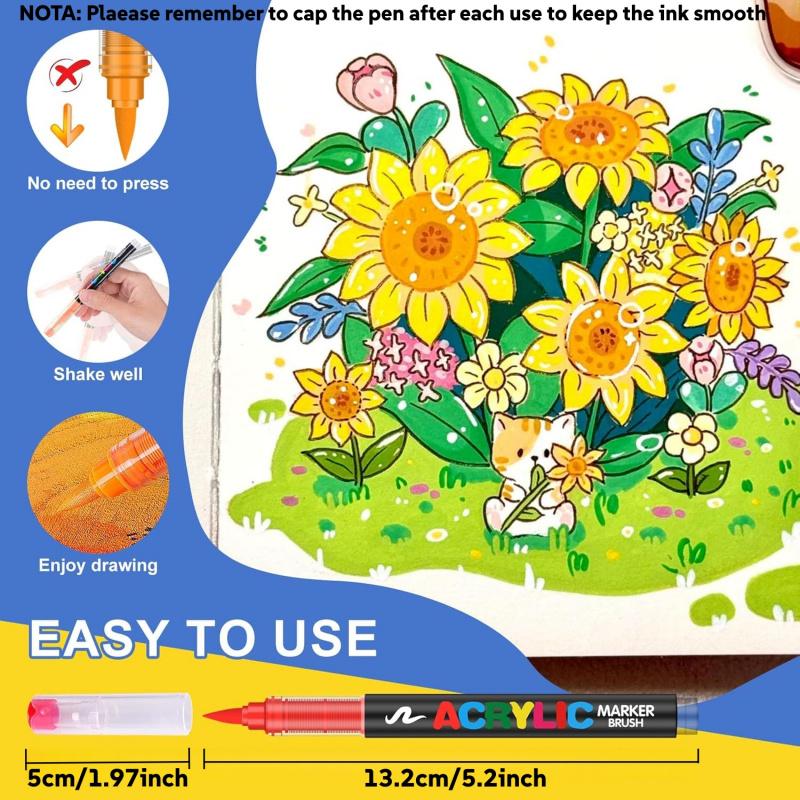 Acrylic Paint Markers Set,Soft Brush Tip,Direct-Liquid Ink System, Paint Markers for Rock Painting, Fabric, Wood, Canvas, Plastic, Permanent,Washable,Quick-Drying,Waterproof