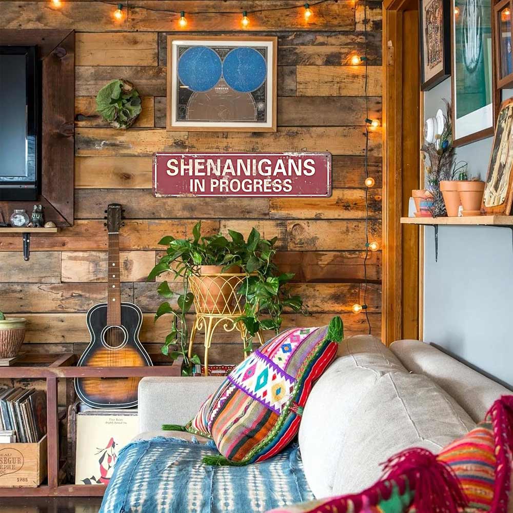 16x4 Inch Aluminum Metal Sign "SHENANIGANS IN PROGRESS" Funny Vintage Rustic Wall Decor for Home Bar Garage Man Cave Game Room Patio Party Decorative Plaque Weatherproof Durable Novelty Wall Art Humorous Gift for Friends Family