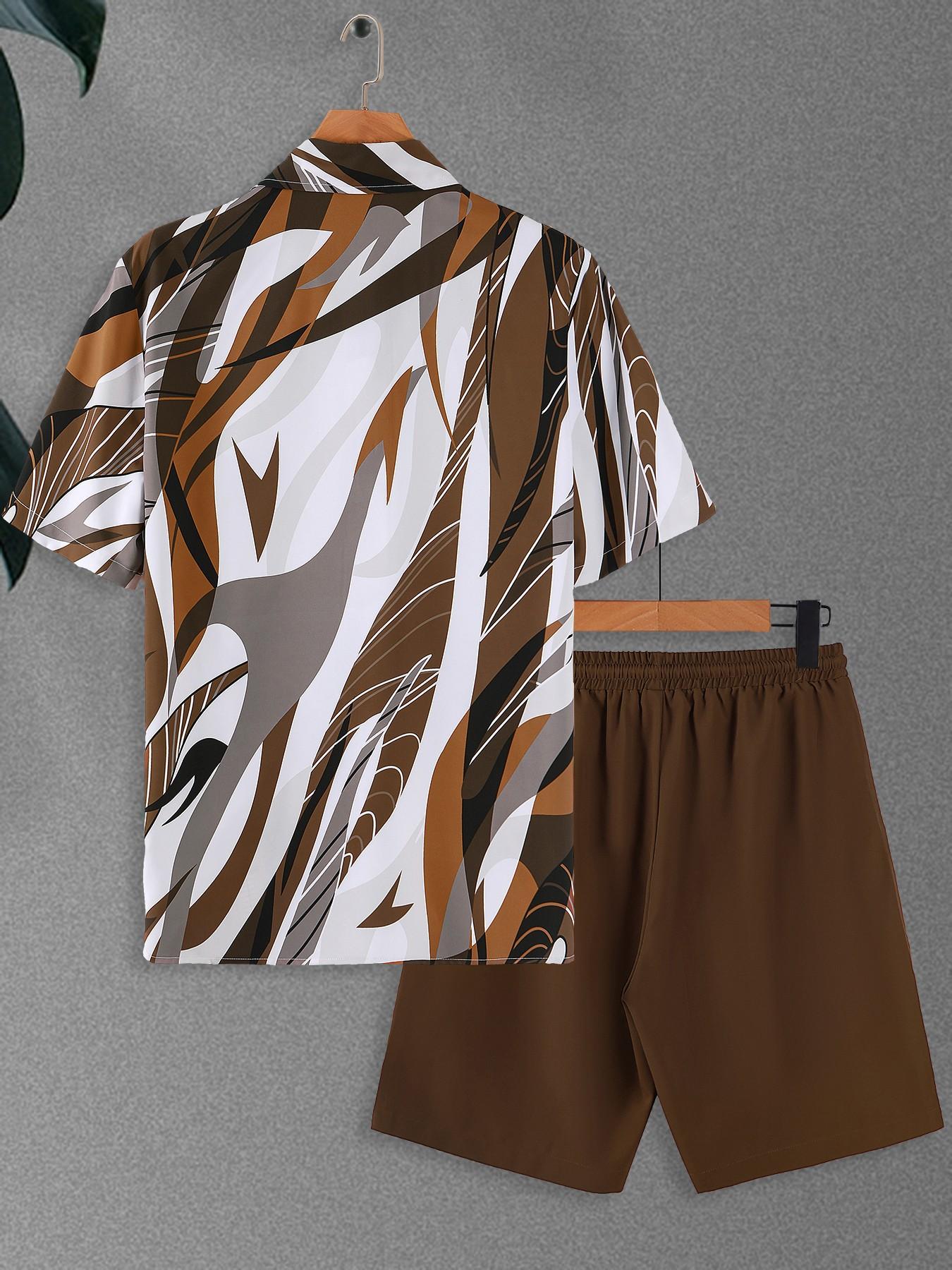 Men's Brown & White Abstract Art Print Home Loungewear 2-Piece Set - Short-Sleeve Lapel Shirt (Dynamic Brushstroke Pattern) + Drawstring Waist Solid Brown Shorts, Lightweight Breathable Fabric, Relaxed Slouchy Fit, Ideal for Lazy Weekend Lounging, At-Home